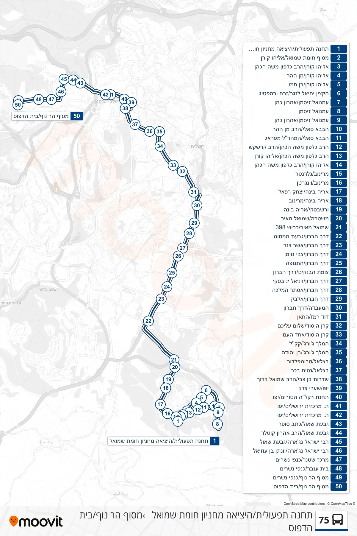 75 bus Line (Operational Station/Homat Shmuel Parking Exit‎→Har Nof Terminal/Beit HaDefus) route and stops on a map