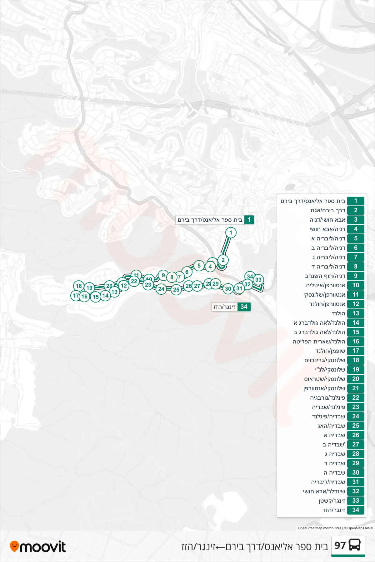 97 bus Line (Alliance School/Biram Road→Singer/Hazaz) route and stops on a map