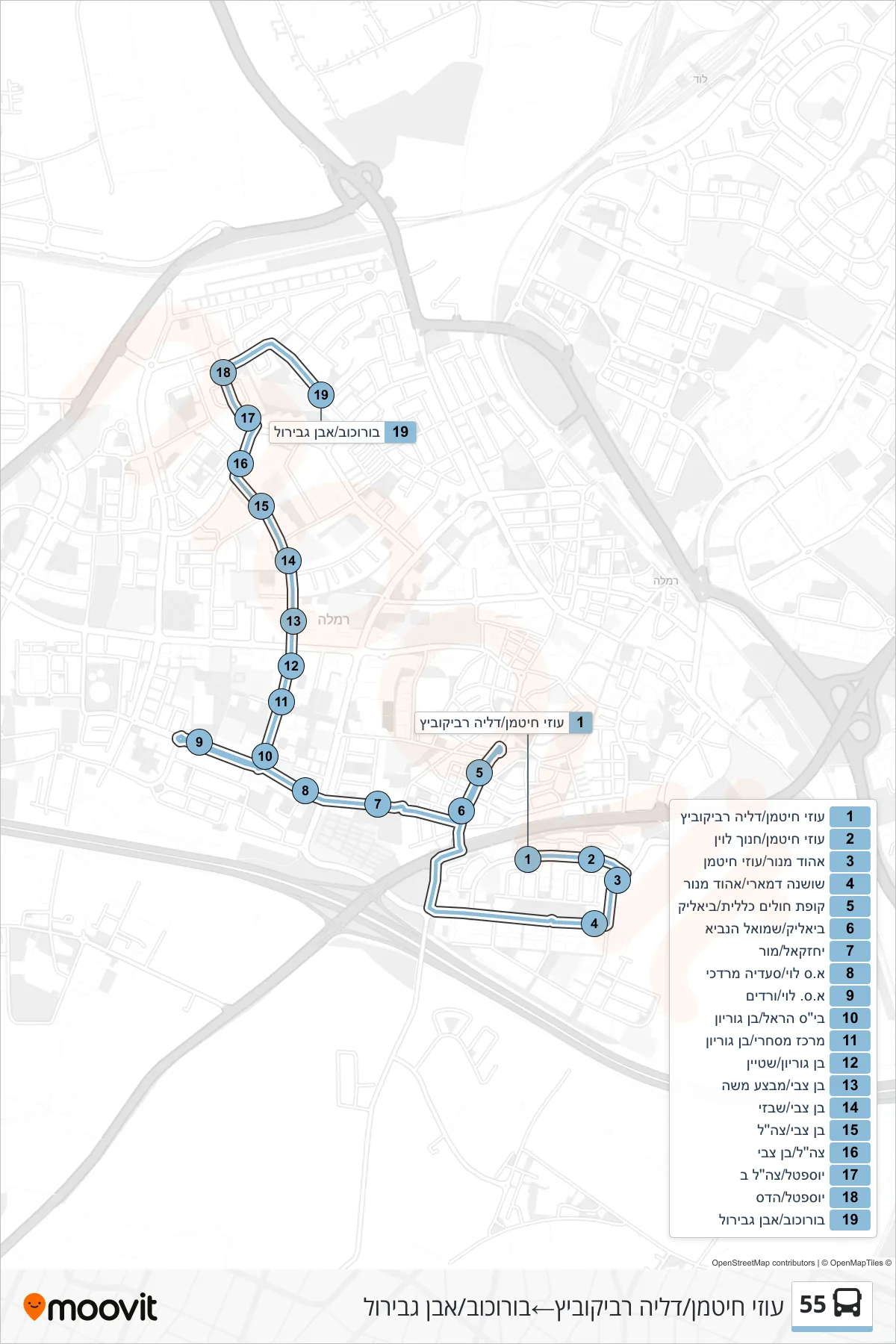 55 bus Line (Uzi Hitman/Dalia Rabikovitch‎→Borochov/Ibn Gabirol) route and stops on a map