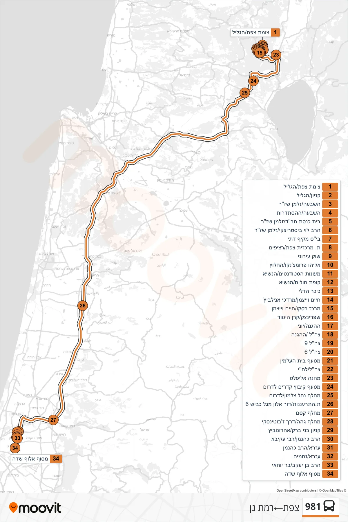 981 bus Line (Safed‎→Ramat Gan) route and stops on a map