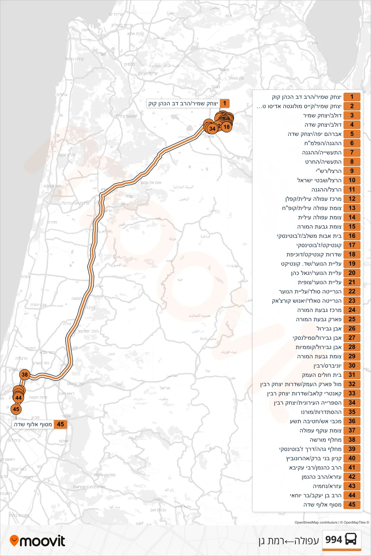 994  Line (Afula‎→Ramat Gan) route and stops on a map