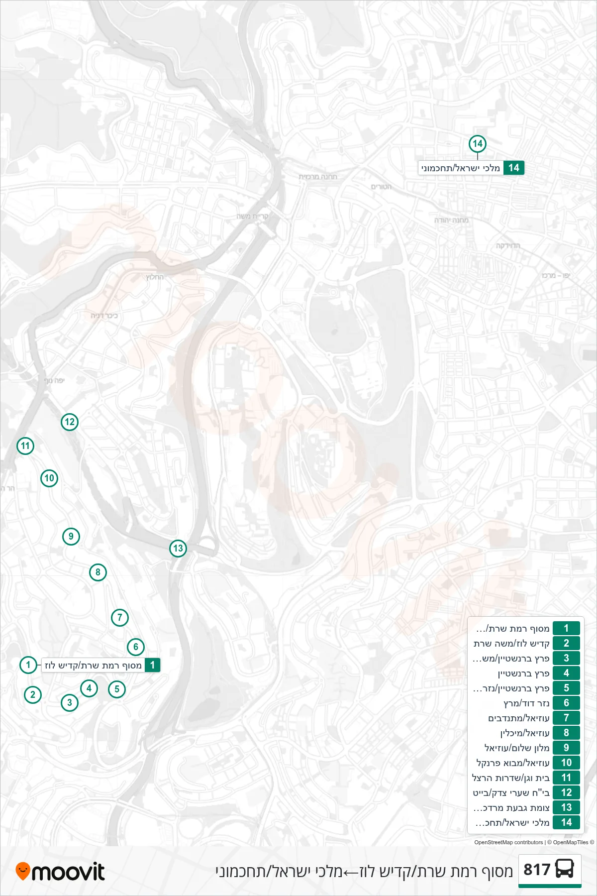 817 bus Line (Ramat Sharet Terminal/Kadish Luz‎→Malchei Israel/Tachkemoni) route and stops on a map