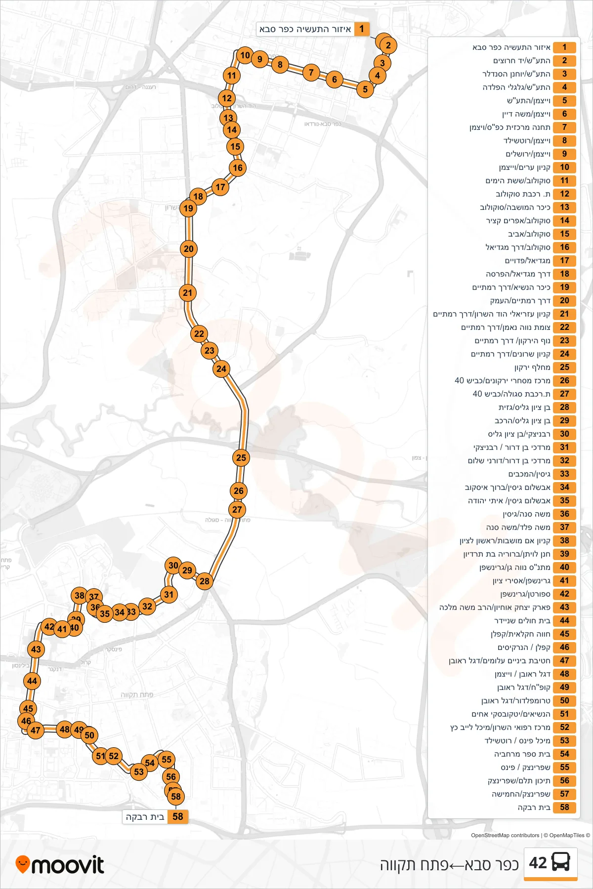 42 bus Line (Kfar Saba→Petah Tikva) route and stops on a map