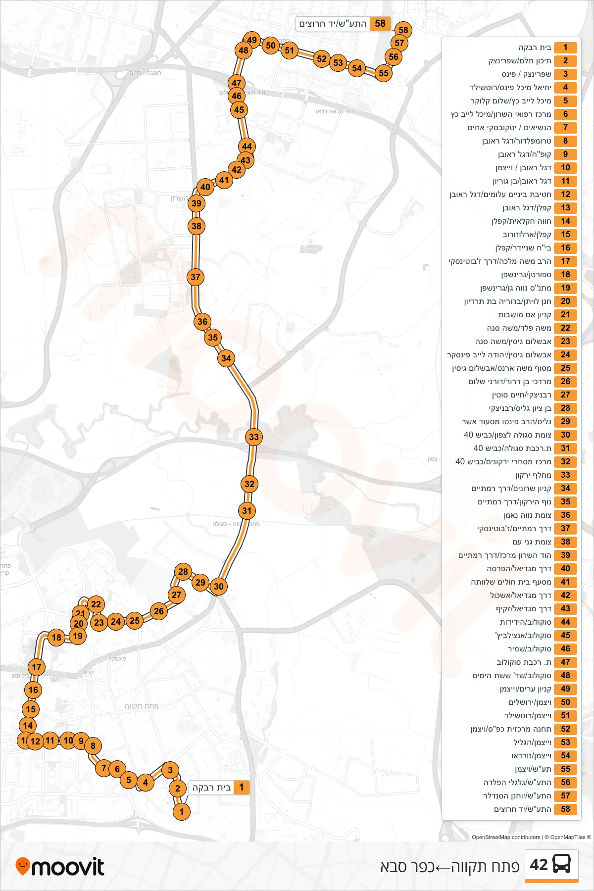 42 bus Line (Petah Tikva→Kfar Saba) route and stops on a map