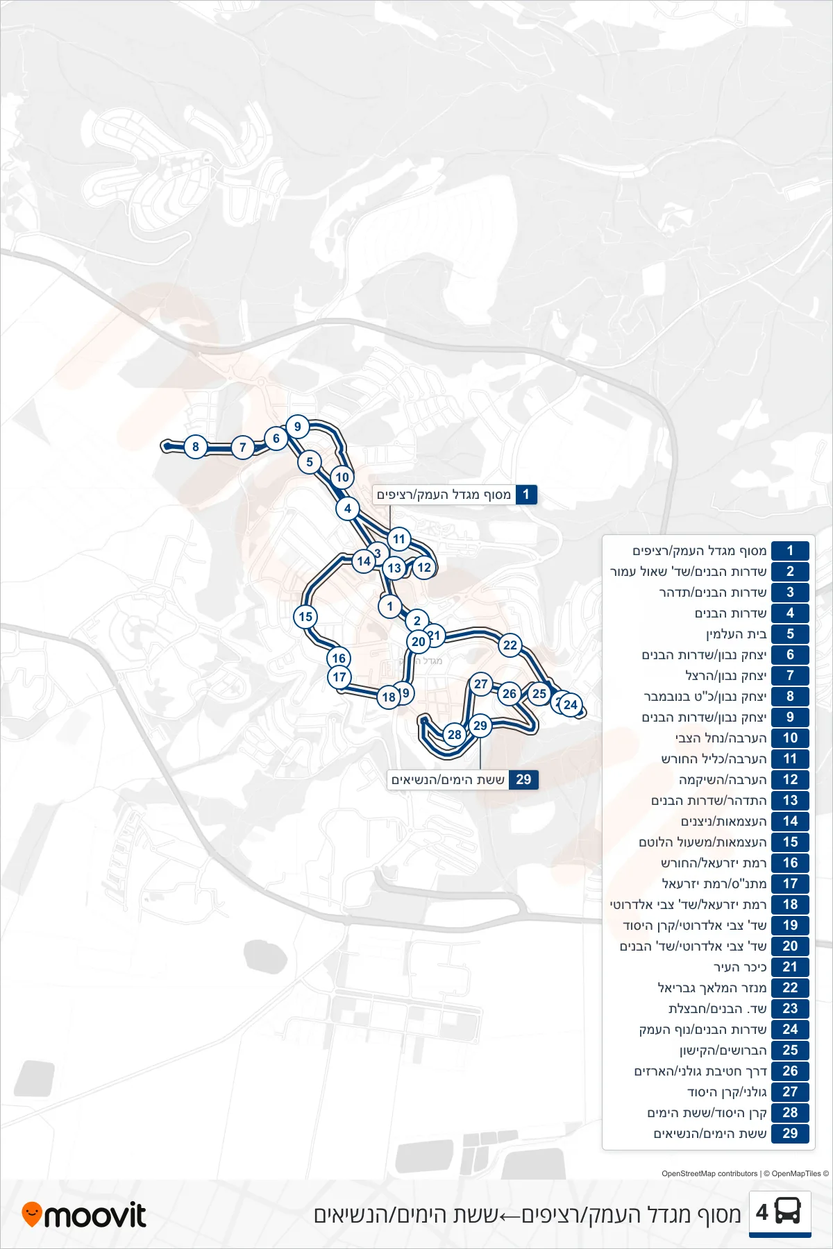 4  Line (Migdal HaEmek Terminal/Platforms‎→Sheshet HaYamim/HaNesiim) route and stops on a map