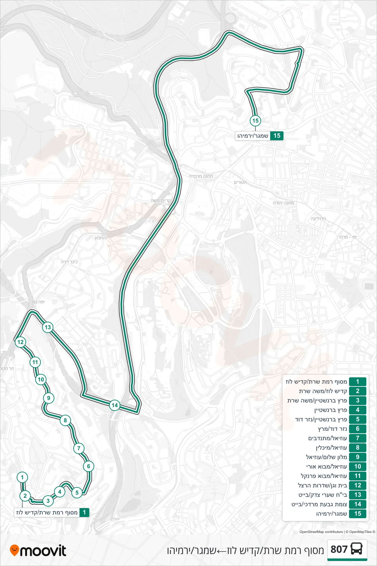 807 bus Line (Ramat Sharet Terminal/Kadish Luz→Shamgar/Yirmiyahu) route and stops on a map