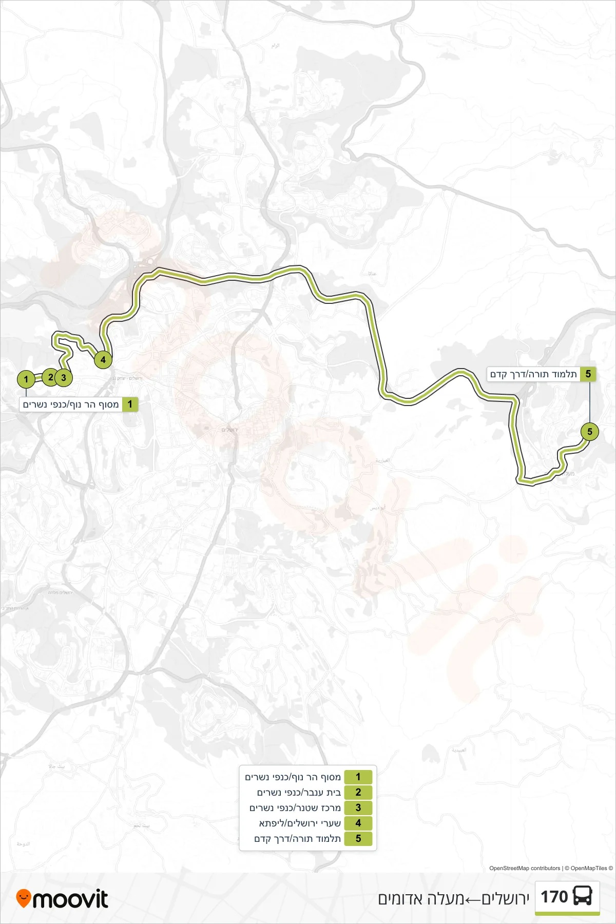 170 bus Line (Jerusalem‎→Ma'ale Adumim) route and stops on a map
