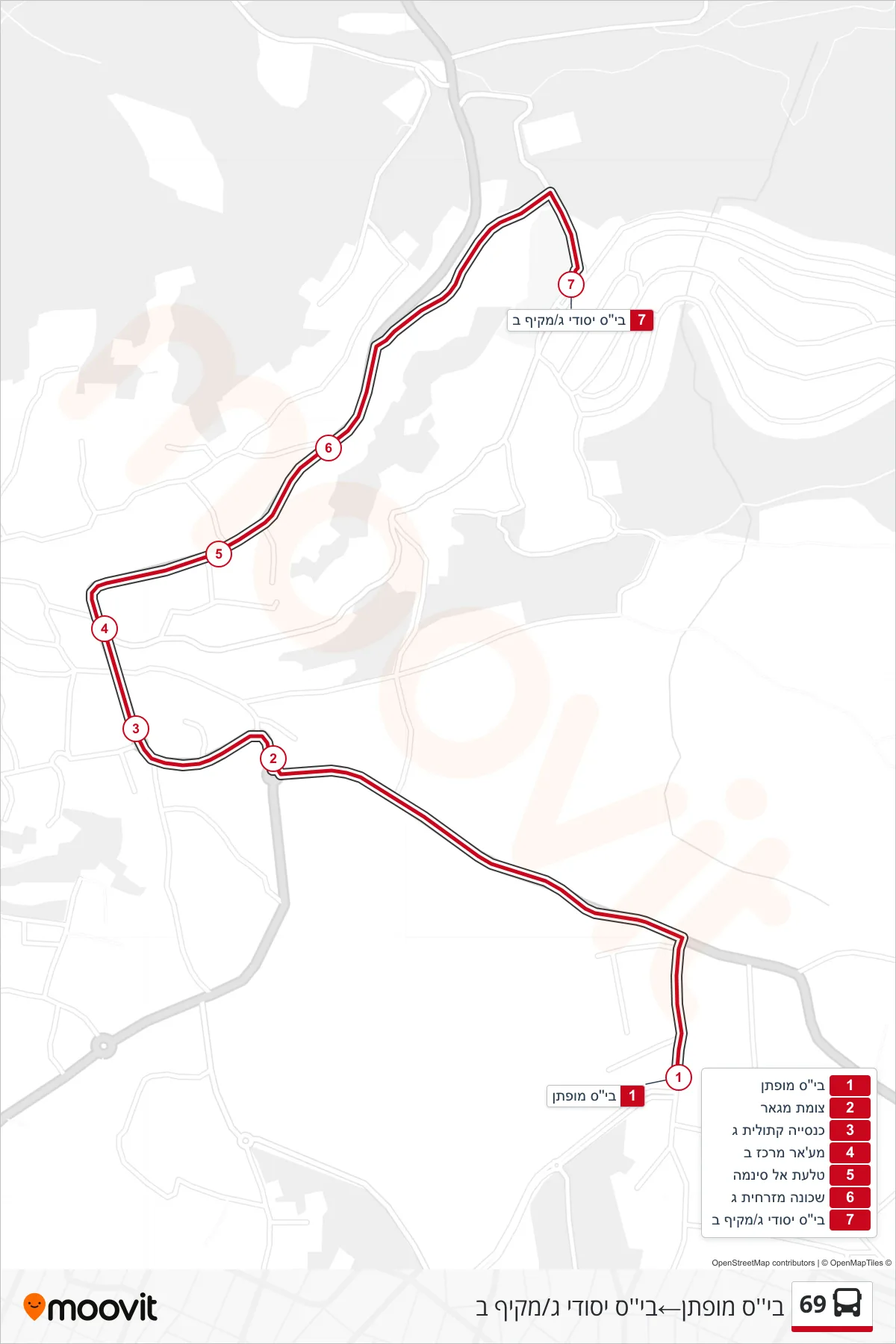 69 bus Line (Moftan School‎→Elementary School C/Comprehensive B) route and stops on a map