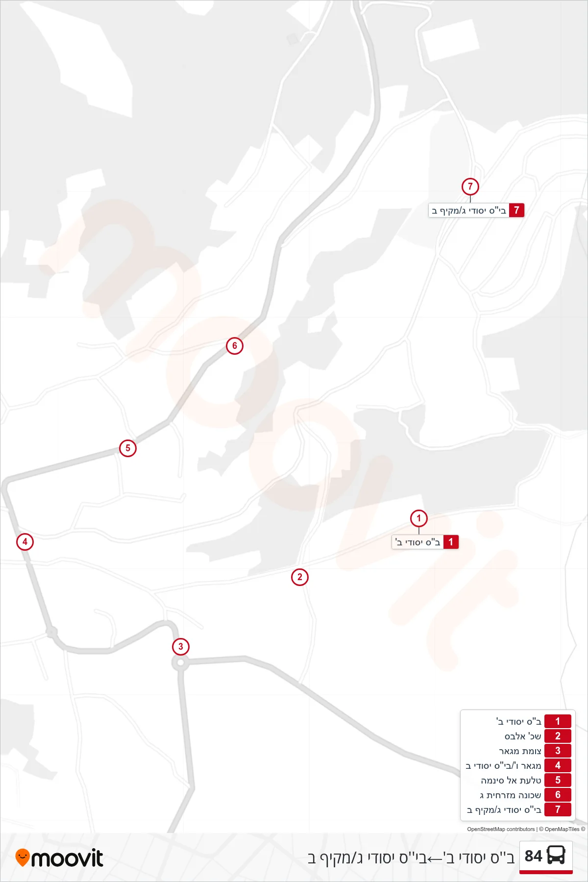 84  Line (Elementary School B‎→Elementary School C/Comprehensive B) route and stops on a map