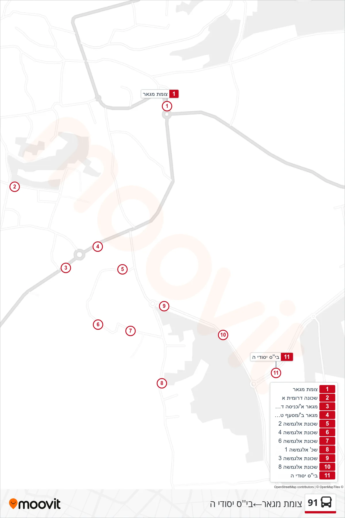 91  Line (Maghar Junction‎→Elementary School H) route and stops on a map