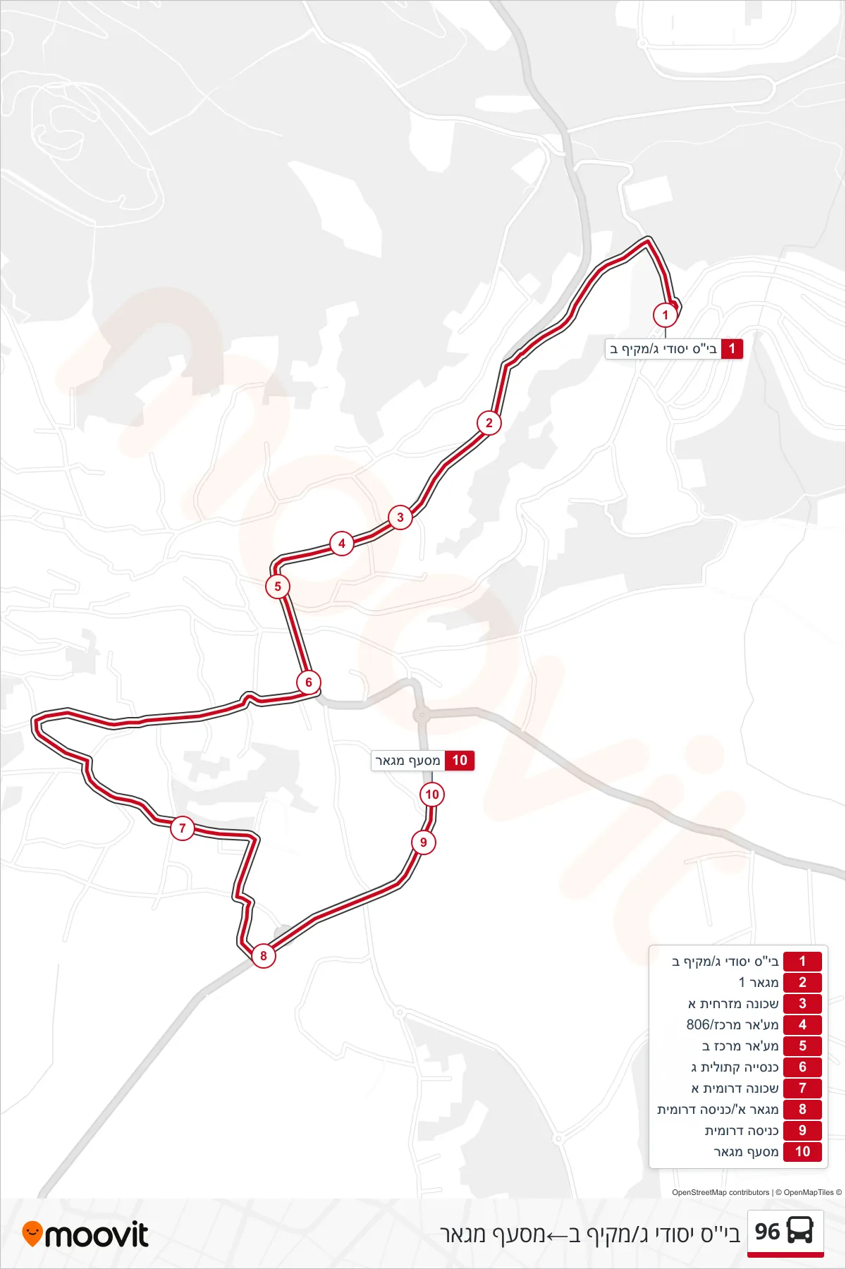 96 bus Line (Elementary School C/Comprehensive B→Maghar Junction) route and stops on a map