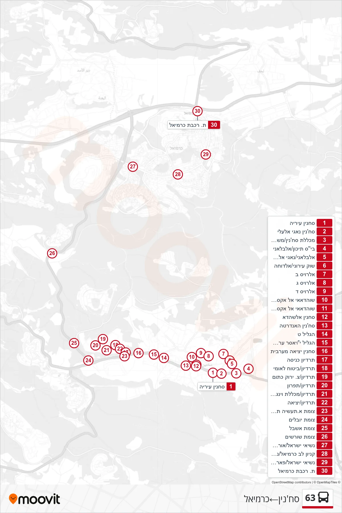 63 bus Line (Sakhnin‎→Carmiel) route and stops on a map