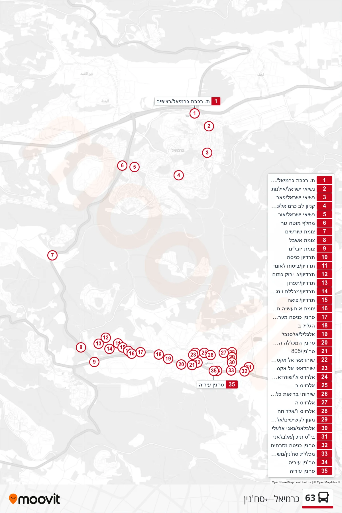 63 bus Line (Carmiel‎→Sakhnin) route and stops on a map