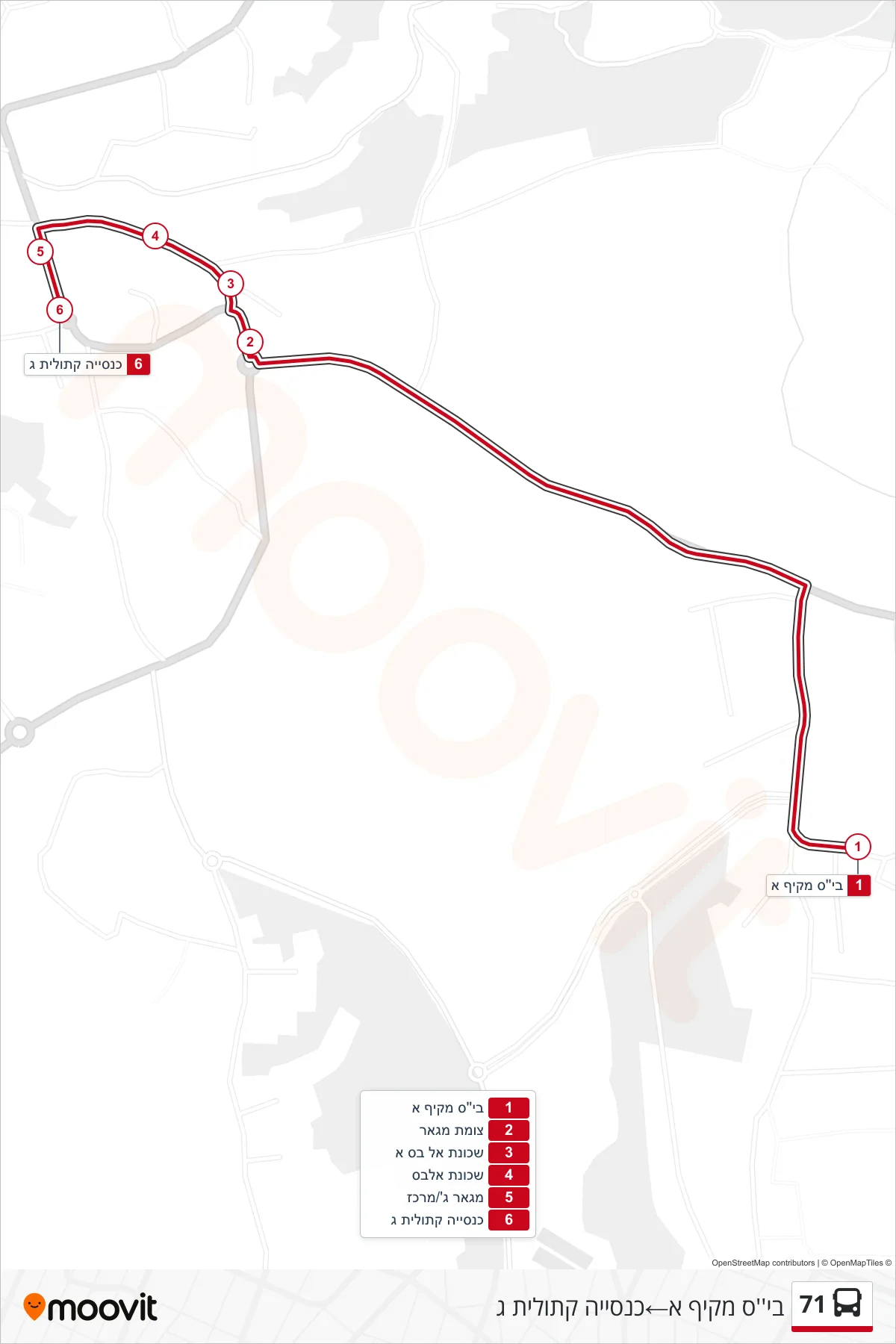 71 bus Line (Comprehensive School A‎→Catholic Church C) route and stops on a map