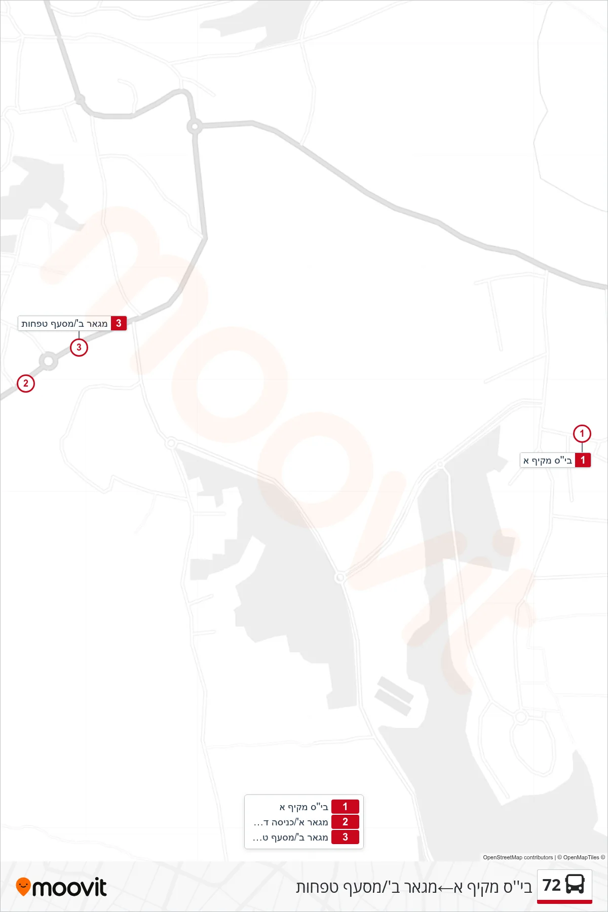 72 bus Line (Comprehensive School A‎→Maghar B/Tfachot Junction) route and stops on a map