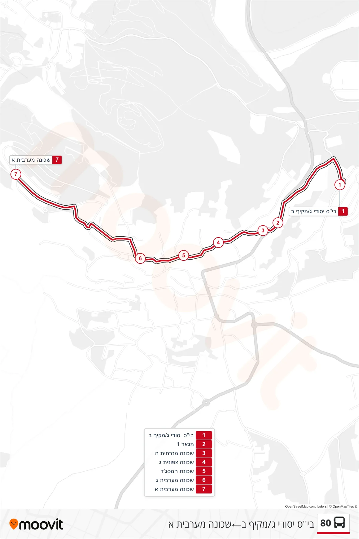 80 bus Line (Elementary School C/Comprehensive B‎→Western Neighborhood A) route and stops on a map