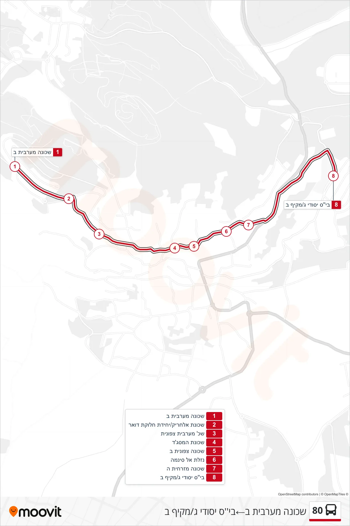 80 bus Line (Western Neighborhood B→Elementary School C/Comprehensive B) route and stops on a map