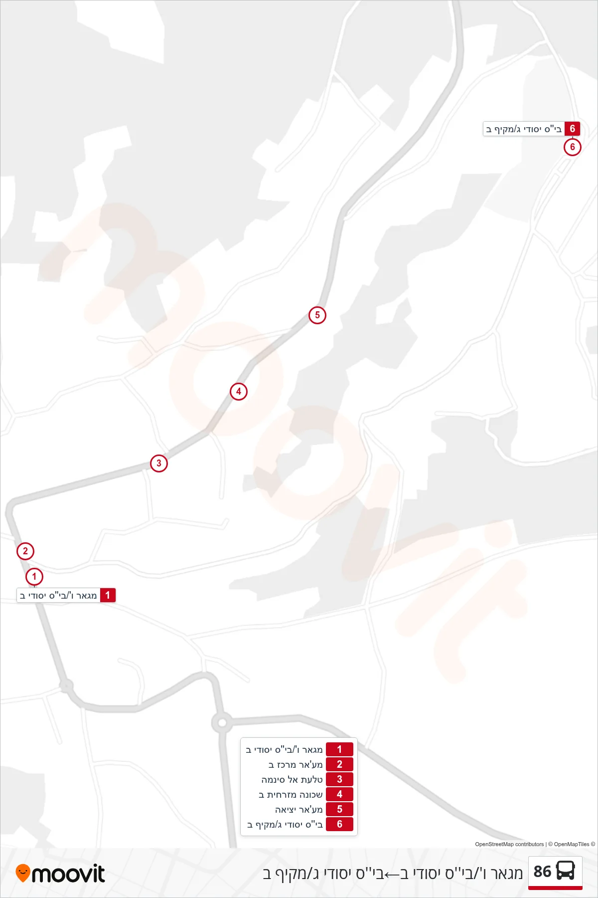86 bus Line (Maghar V/Elementary School B‎→Elementary School C/Comprehensive B) route and stops on a map