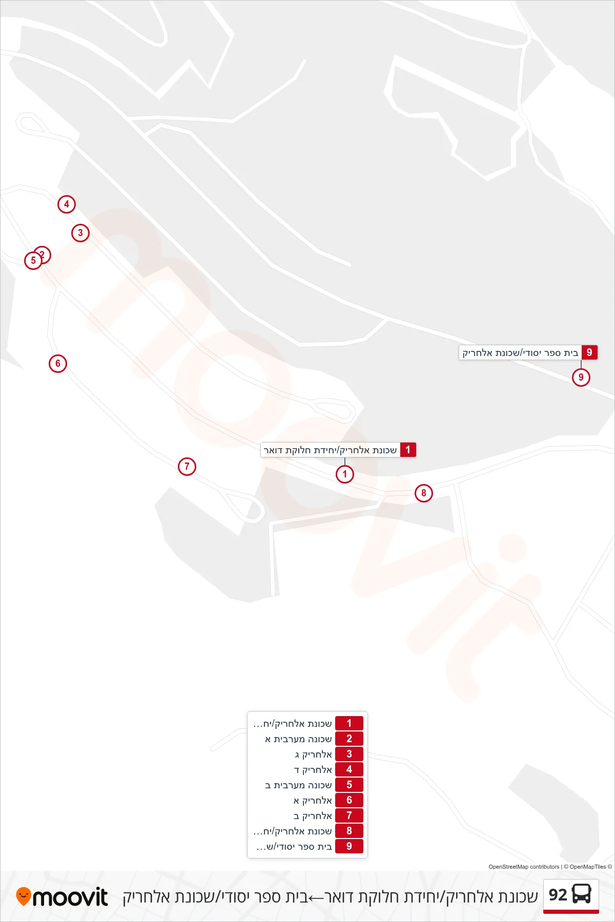 92  Line (Al-Hariq Neighborhood/Postal Distribution Unit‎→Elementary School/Al-Kharik Neighborhood) route and stops on a map