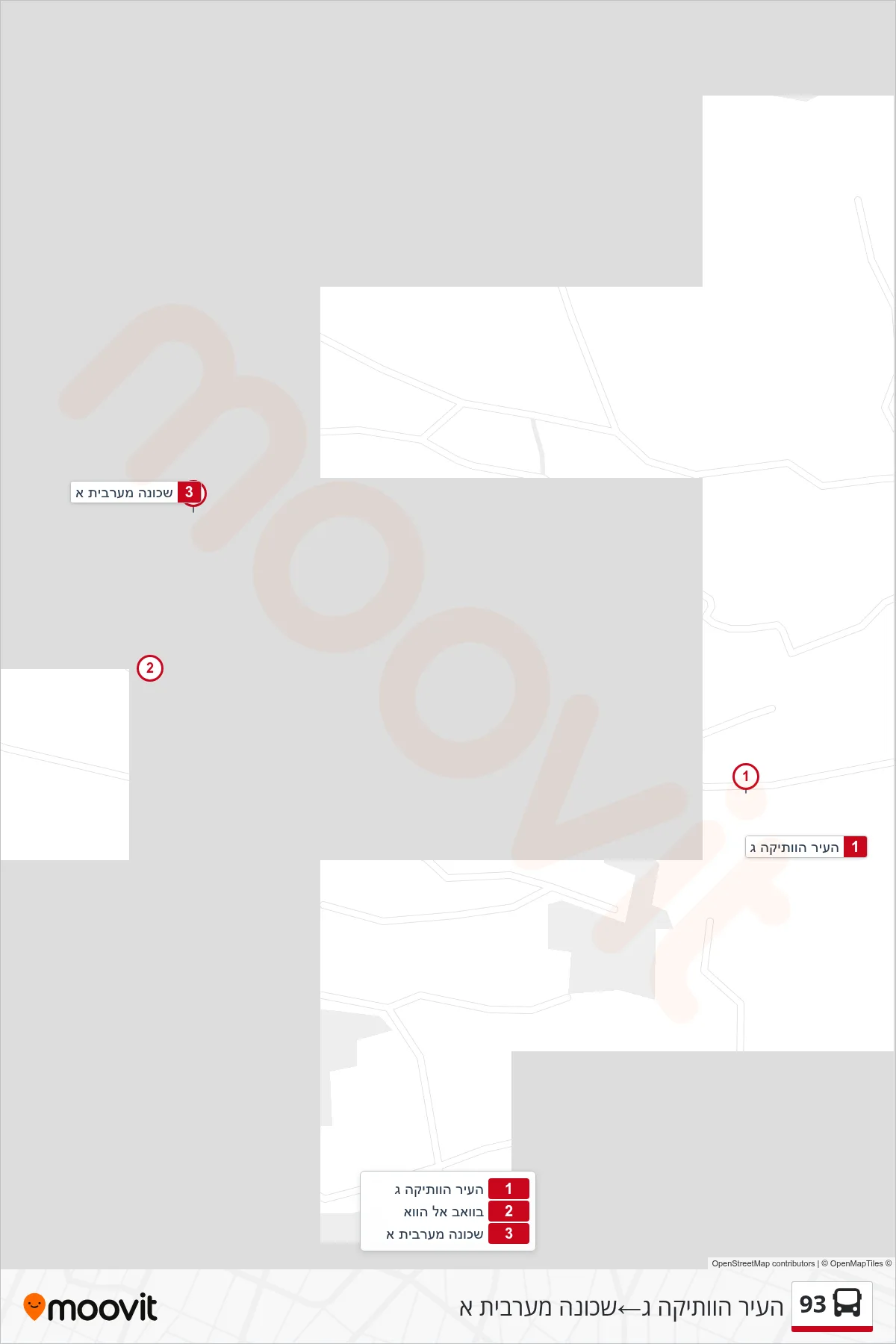 93 bus Line (Old City C‎→Western Neighborhood A) route and stops on a map