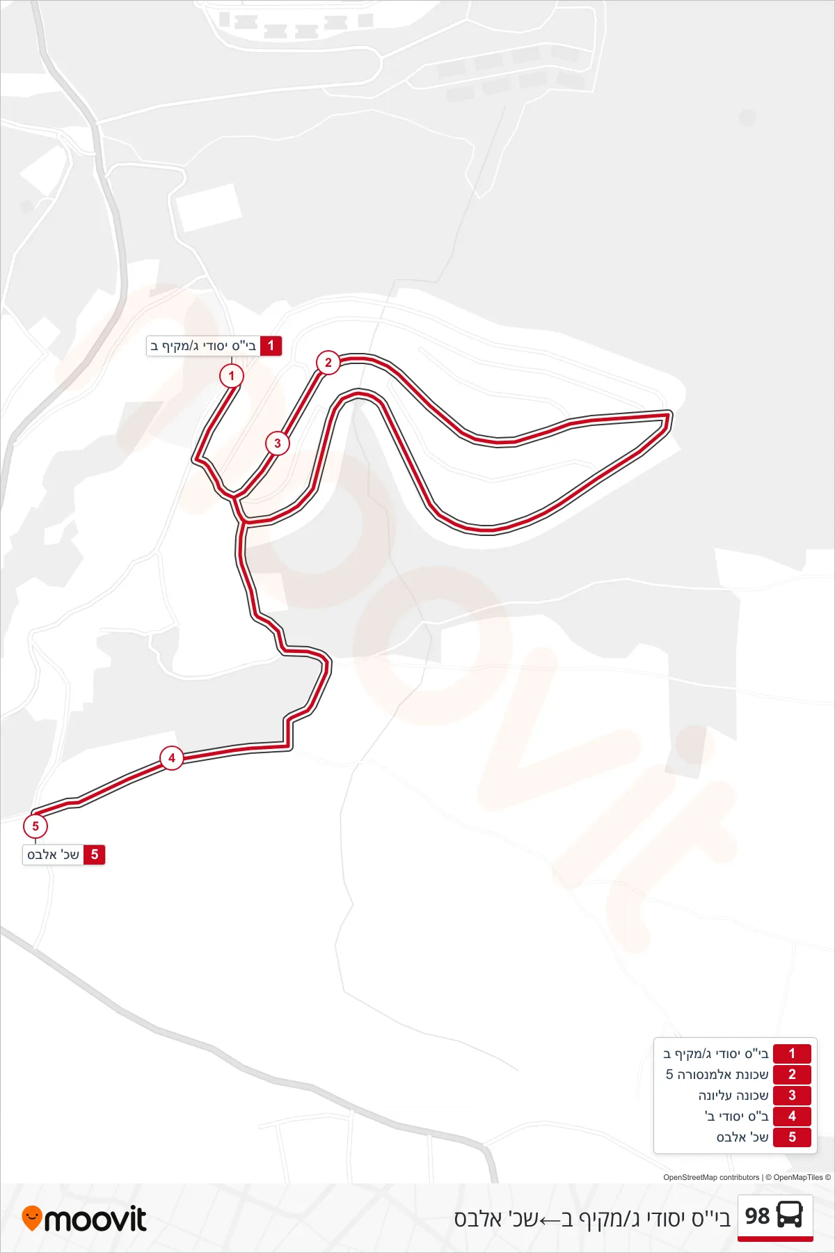 98  Line (Elementary School C/Comprehensive B‎→Albas Neighborhood) route and stops on a map