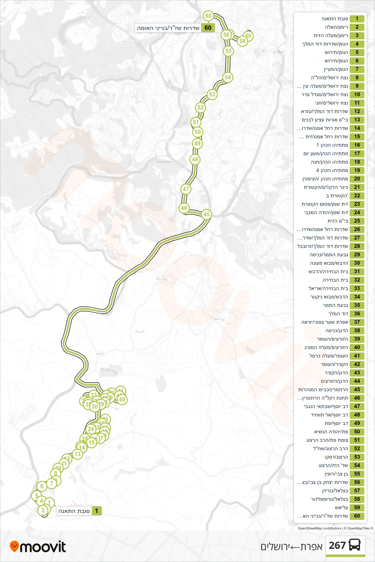 267 bus Line (Efrat‎→Jerusalem) route and stops on a map
