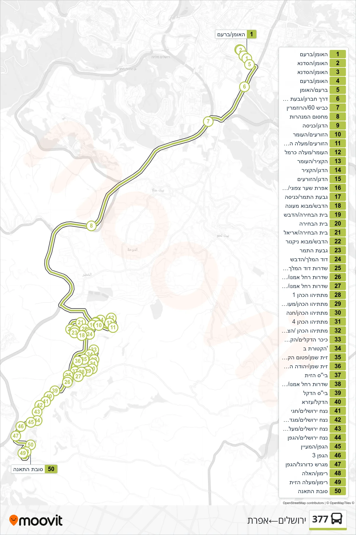 377 bus Line (Jerusalem‎→Efrat) route and stops on a map
