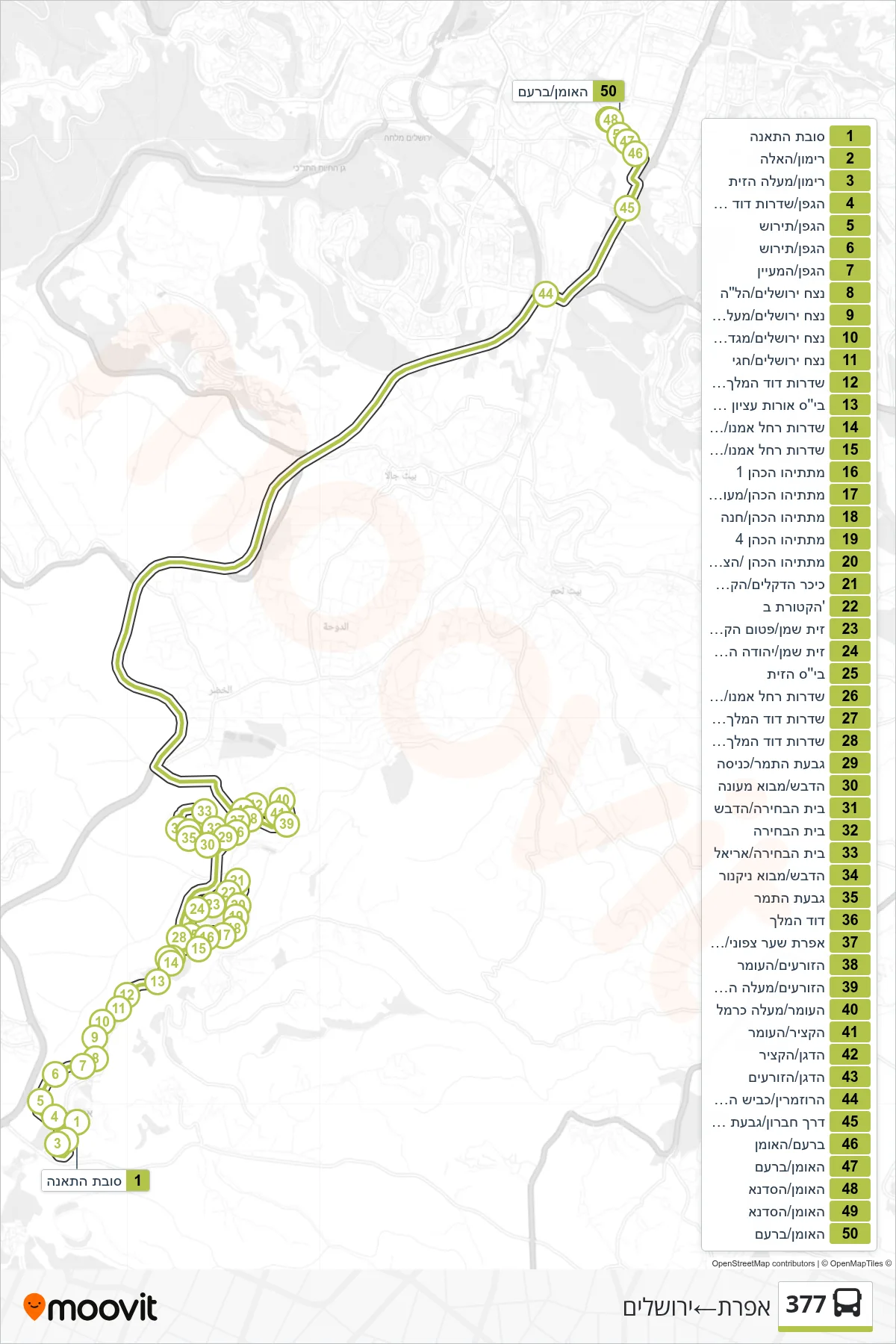 377 bus Line (Efrat‎→Jerusalem) route and stops on a map