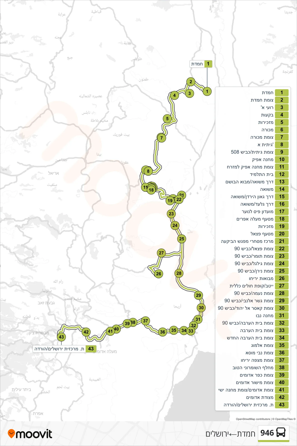 946 bus Line (Hemdat‎→Jerusalem) route and stops on a map