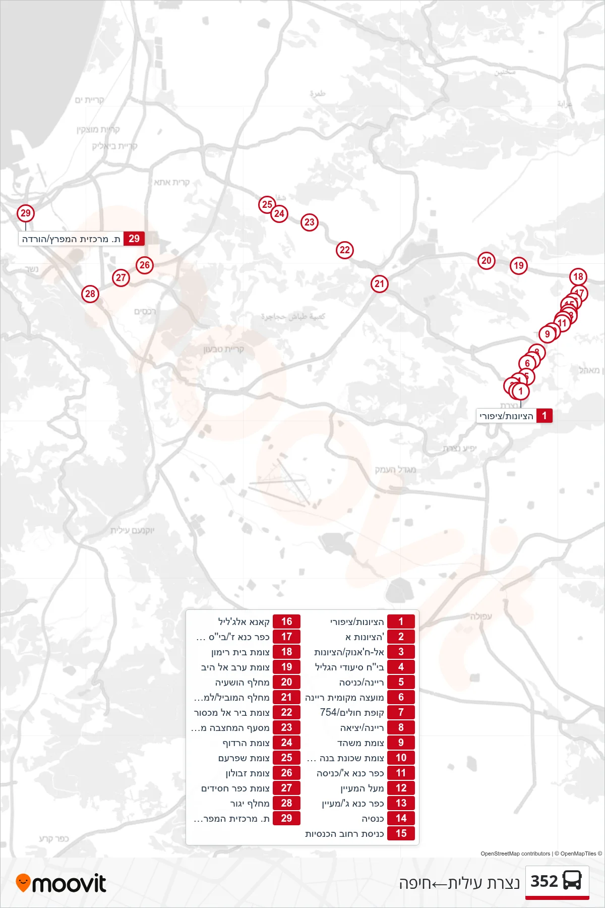352 bus Line (Nazareth Illit‎→Haifa) route and stops on a map