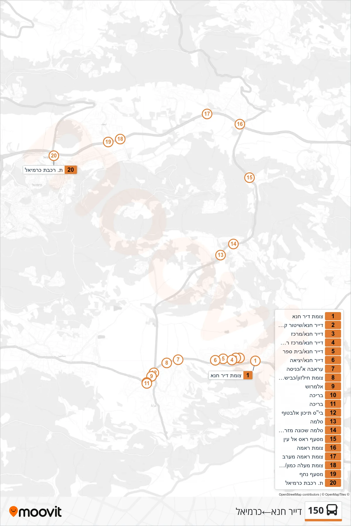 150 bus Line (Deir Hanna‎→Carmiel) route and stops on a map