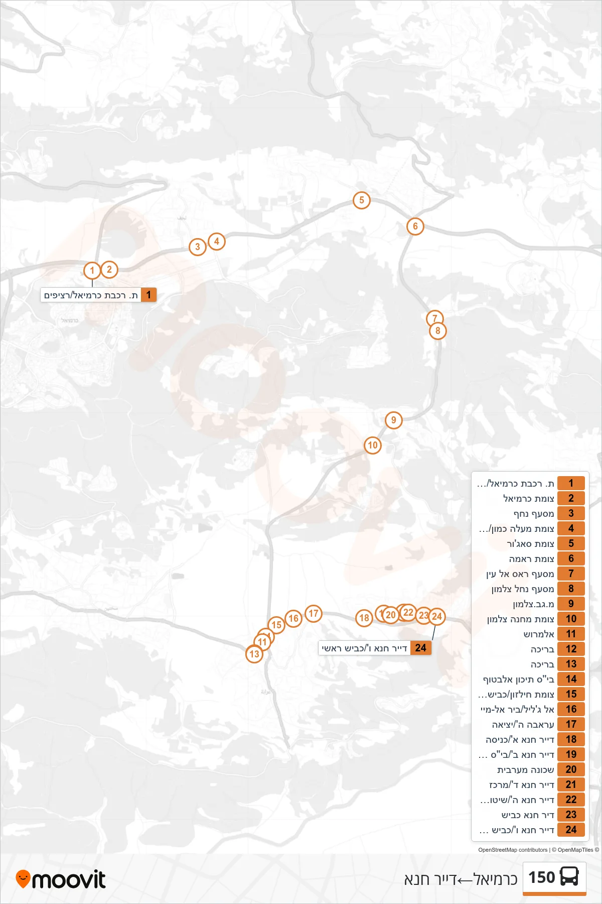150 bus Line (Carmiel‎→Deir Hanna) route and stops on a map