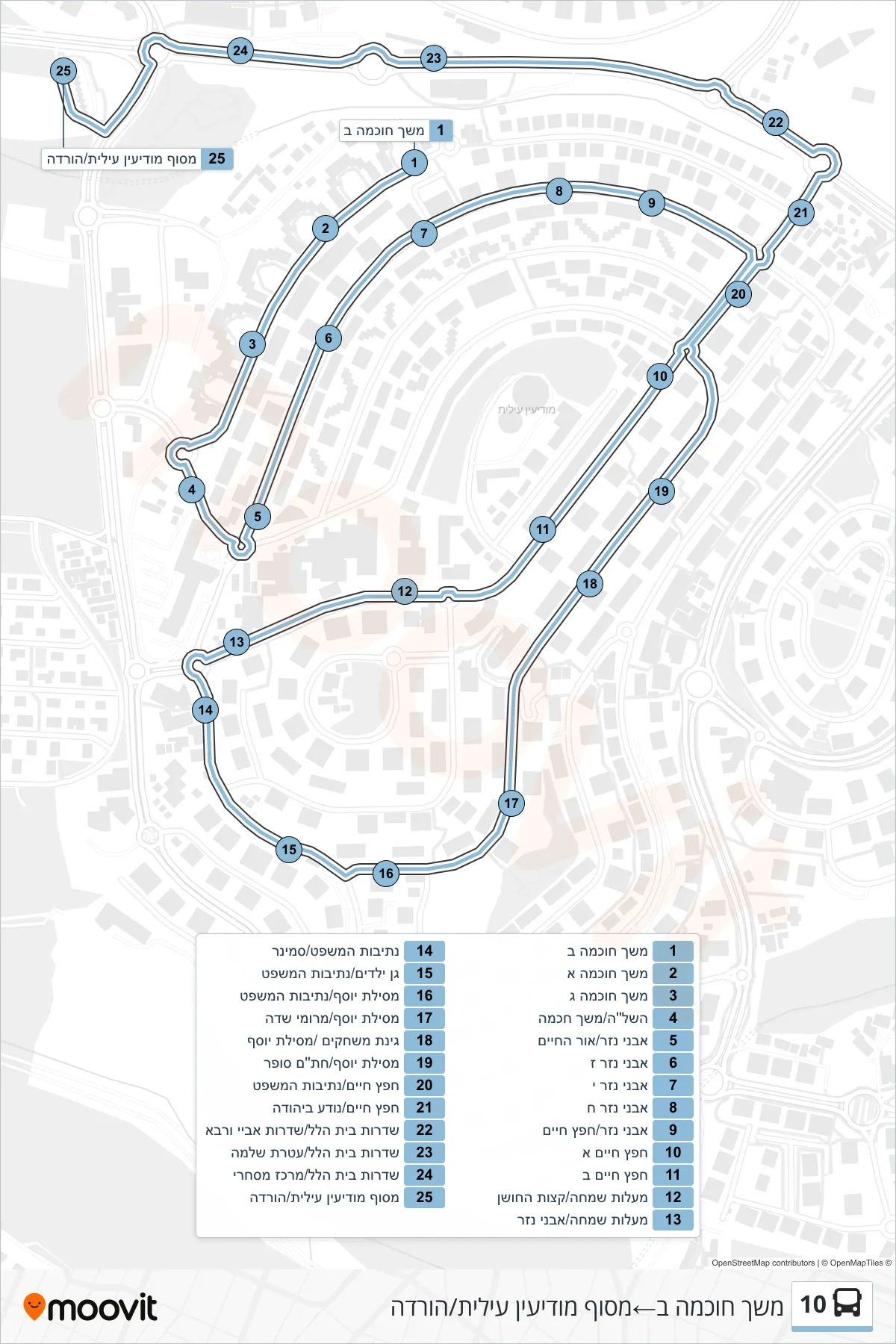10  Line (Meshech Chochma B‎→Modi'in Illit Terminal/Drop Off) route and stops on a map