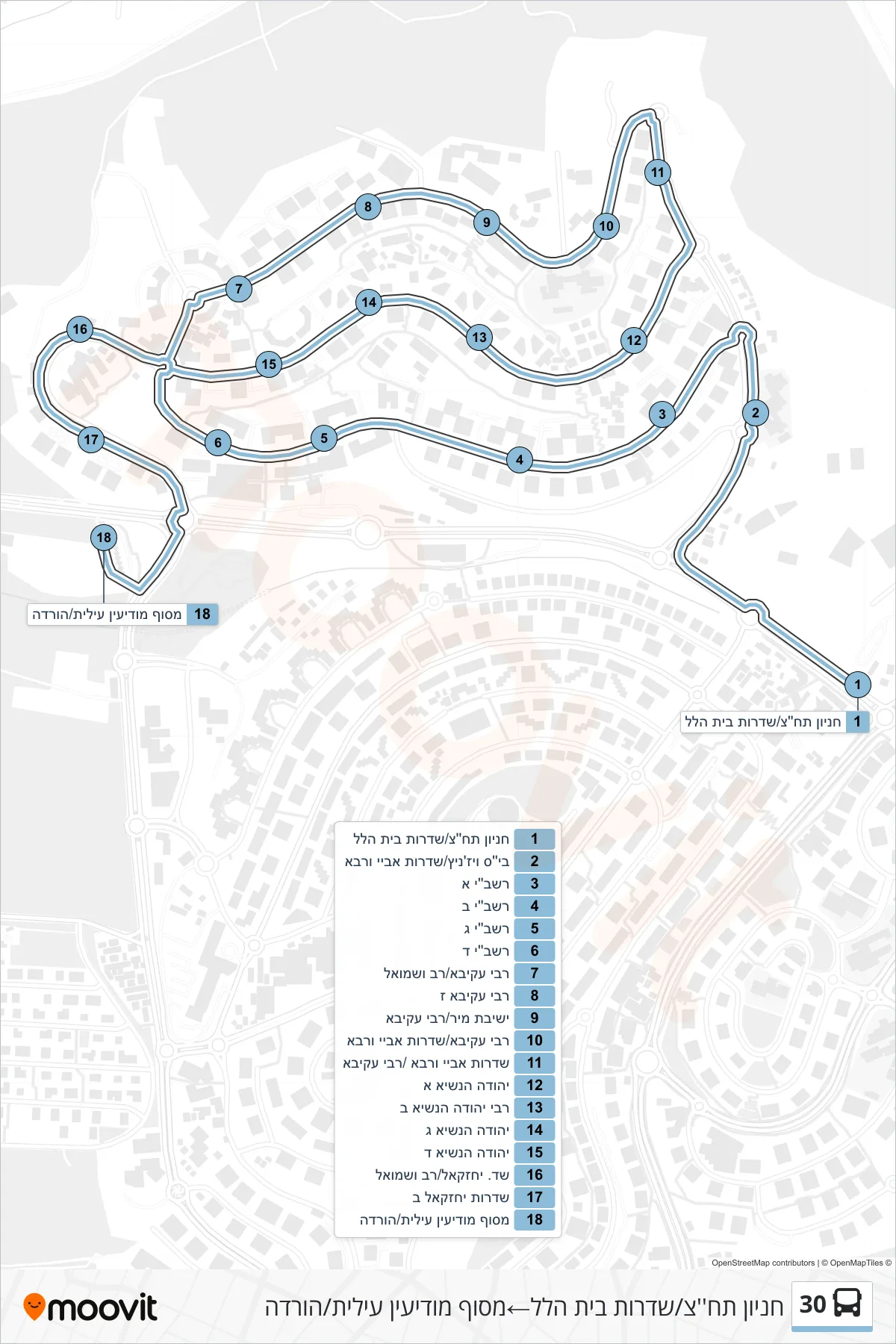 30 bus Line (Transit Parking/Beit Hillel Boulevard‎→Modi'in Illit Terminal/Drop Off) route and stops on a map