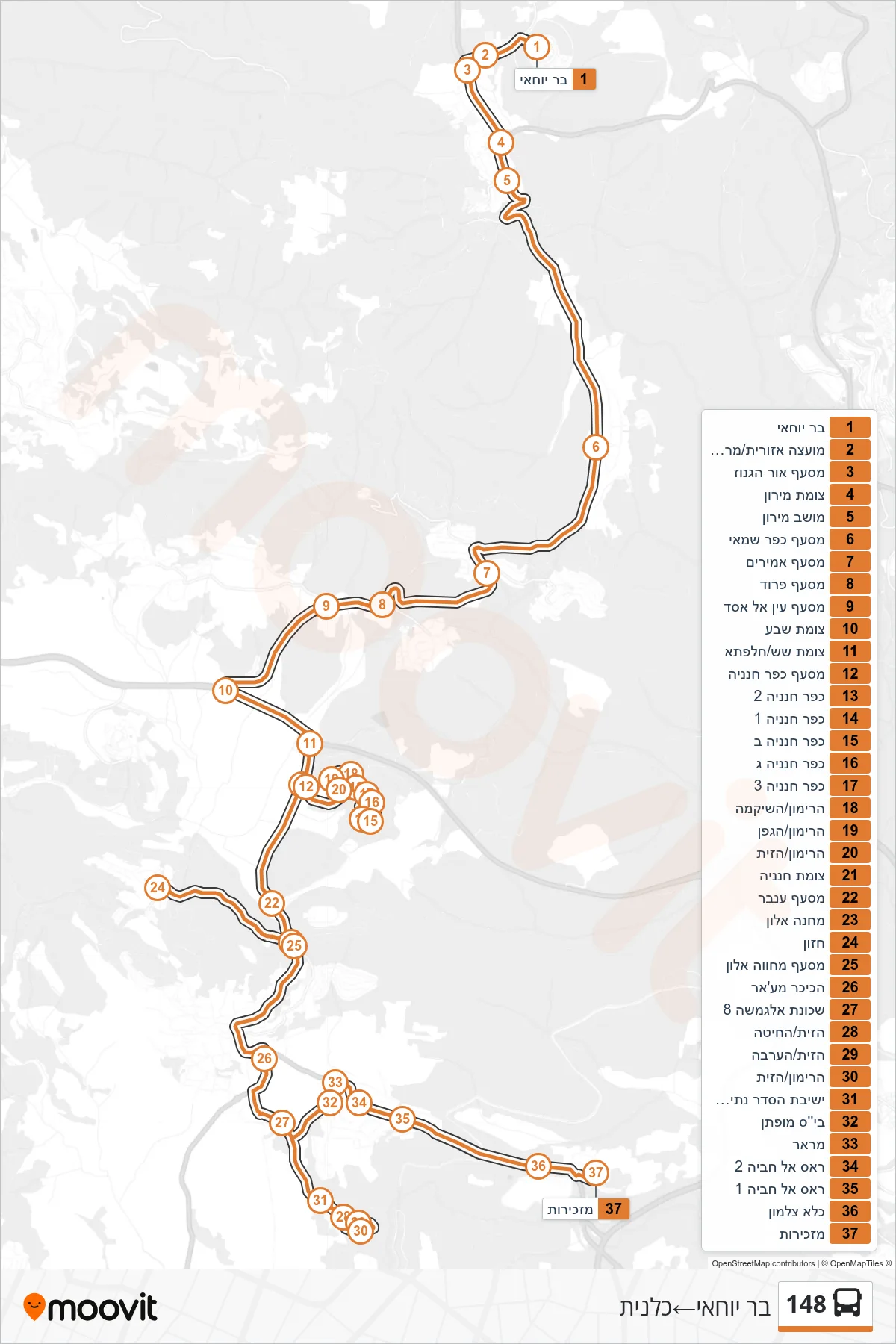 148 bus Line (Bar Yochai‎→Kalanit) route and stops on a map