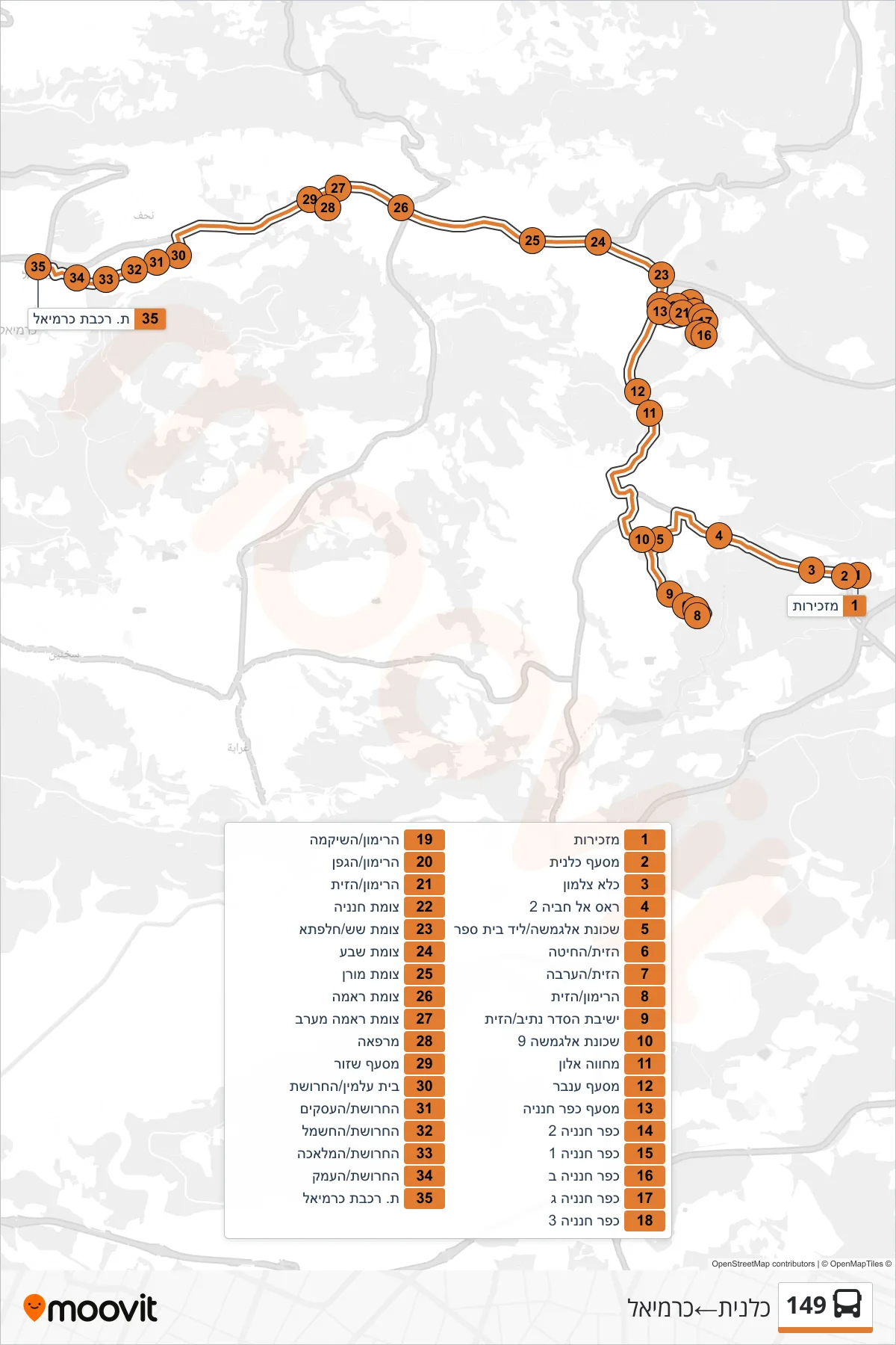 149 bus Line (Kalanit‎→Carmiel) route and stops on a map