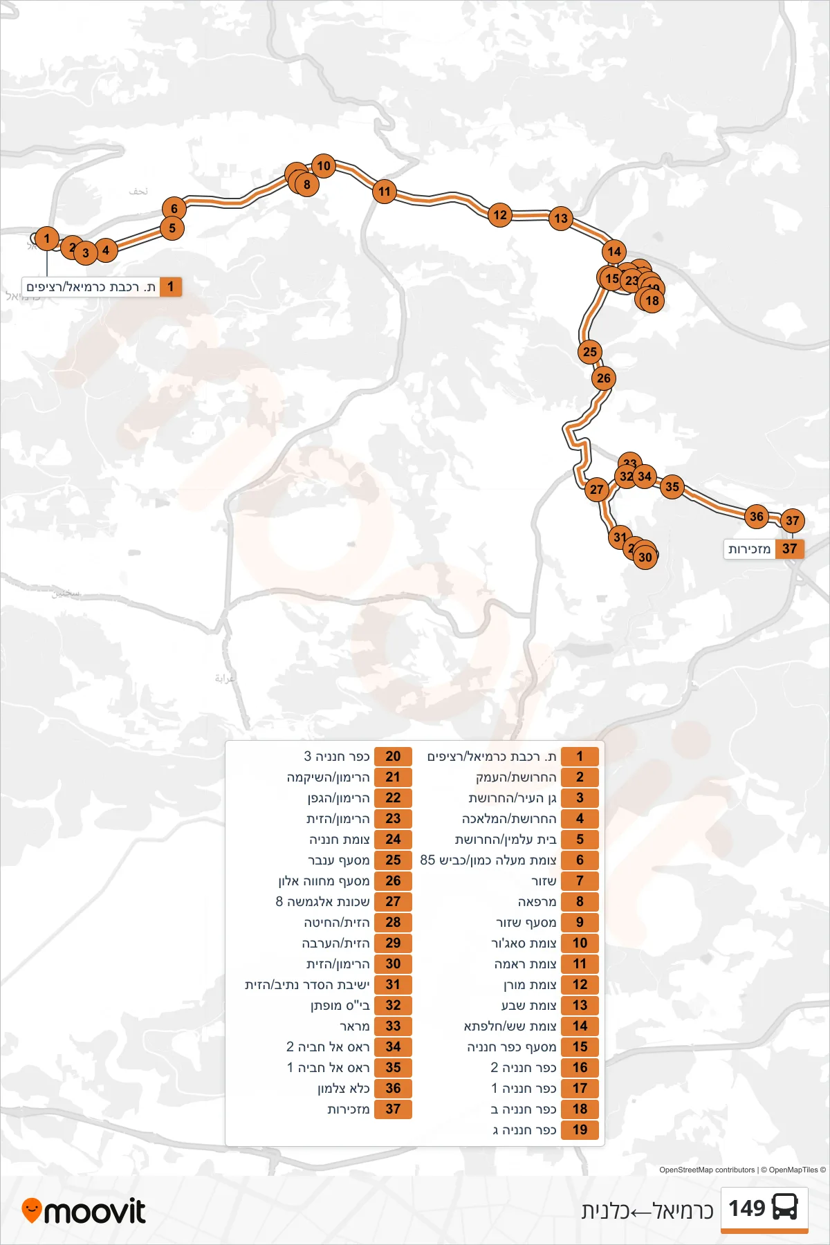 149 bus Line (Carmiel‎→Kalanit) route and stops on a map
