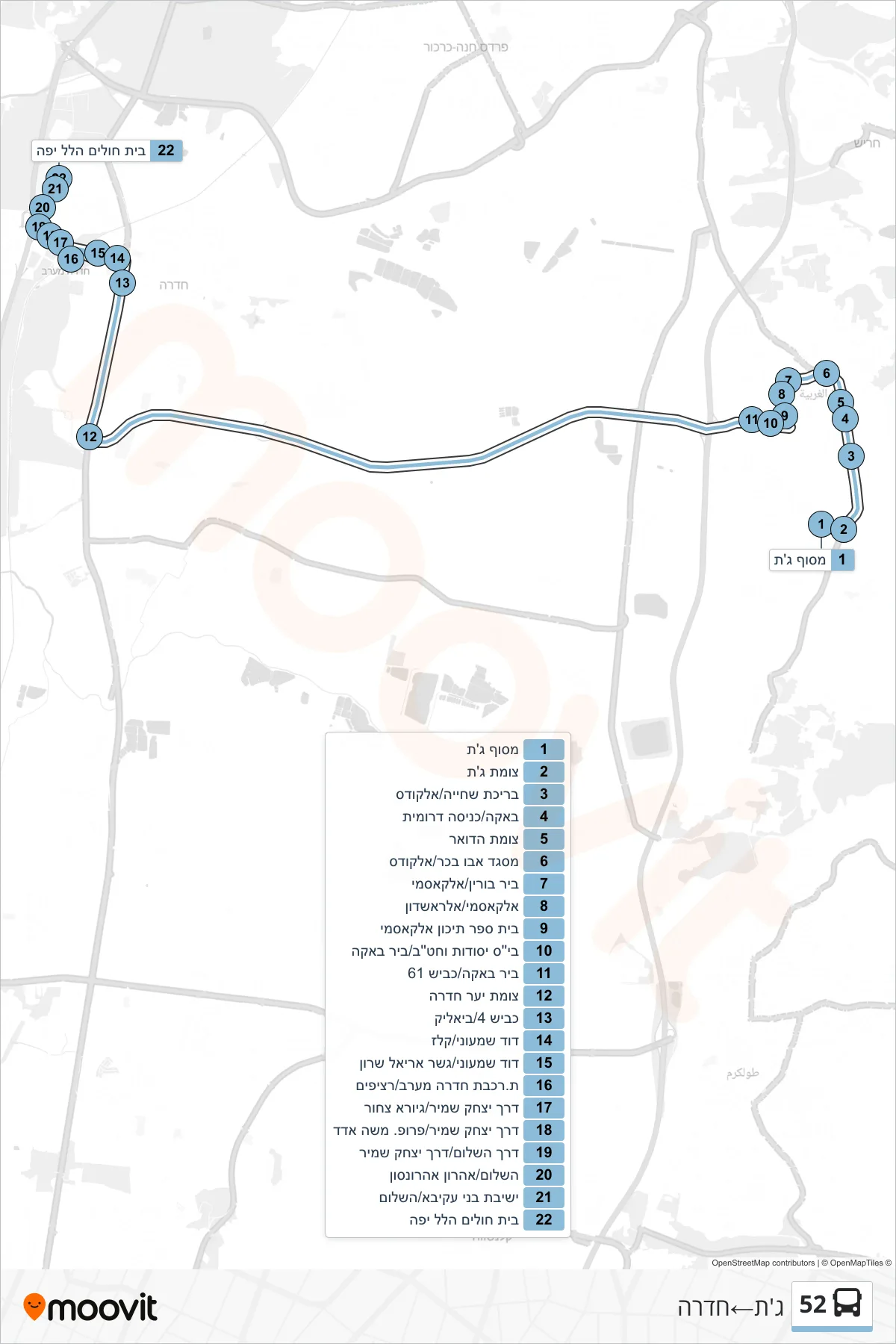 52 bus Line (Jatt→Hadera) route and stops on a map