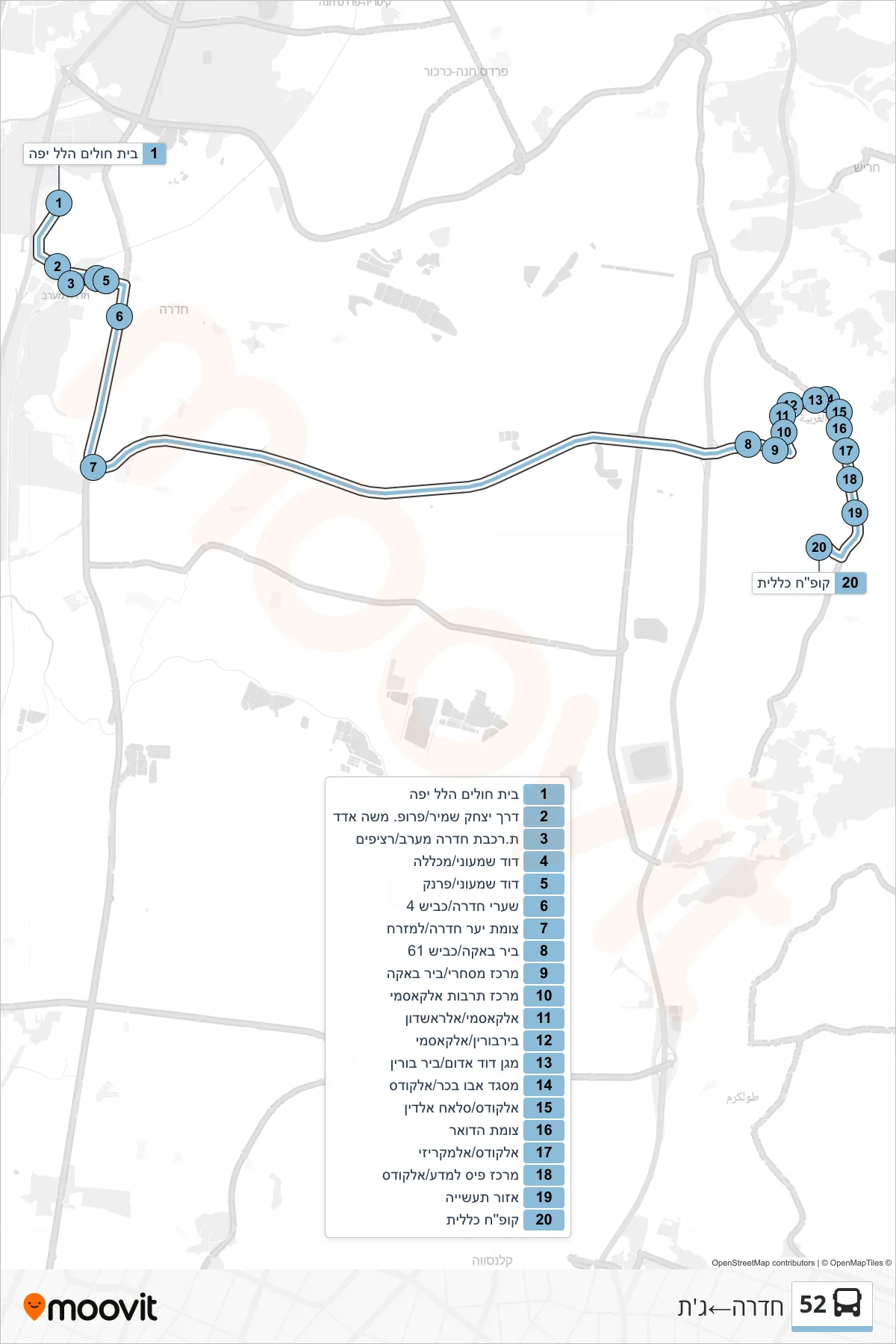 52 bus Line (Hadera→Jatt) route and stops on a map