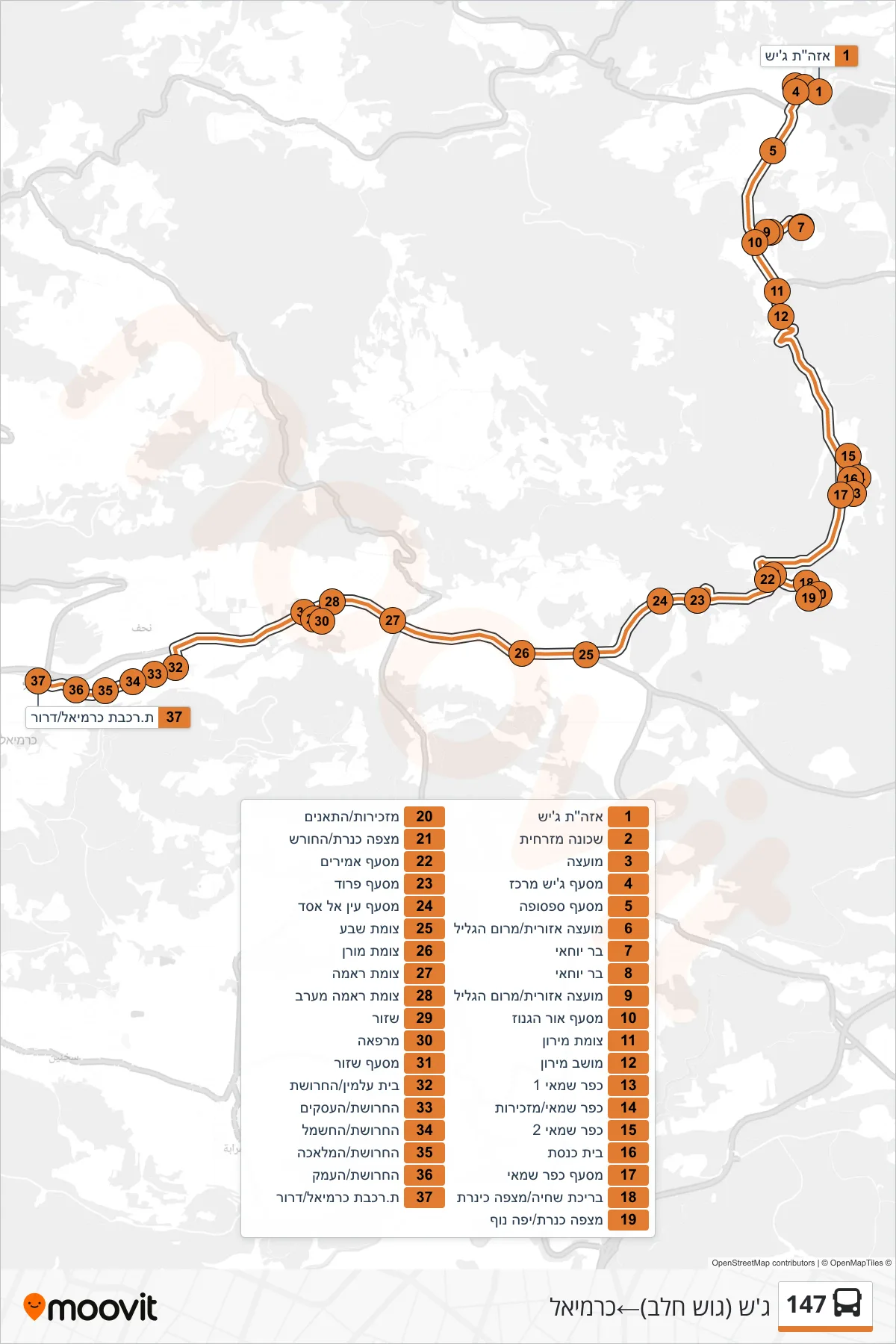 147 bus Line (Jish‎→Carmiel) route and stops on a map