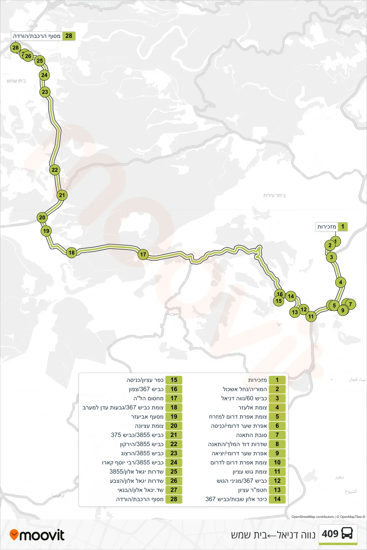 409 bus Line (Neve Daniel‎→Beit Shemesh) route and stops on a map