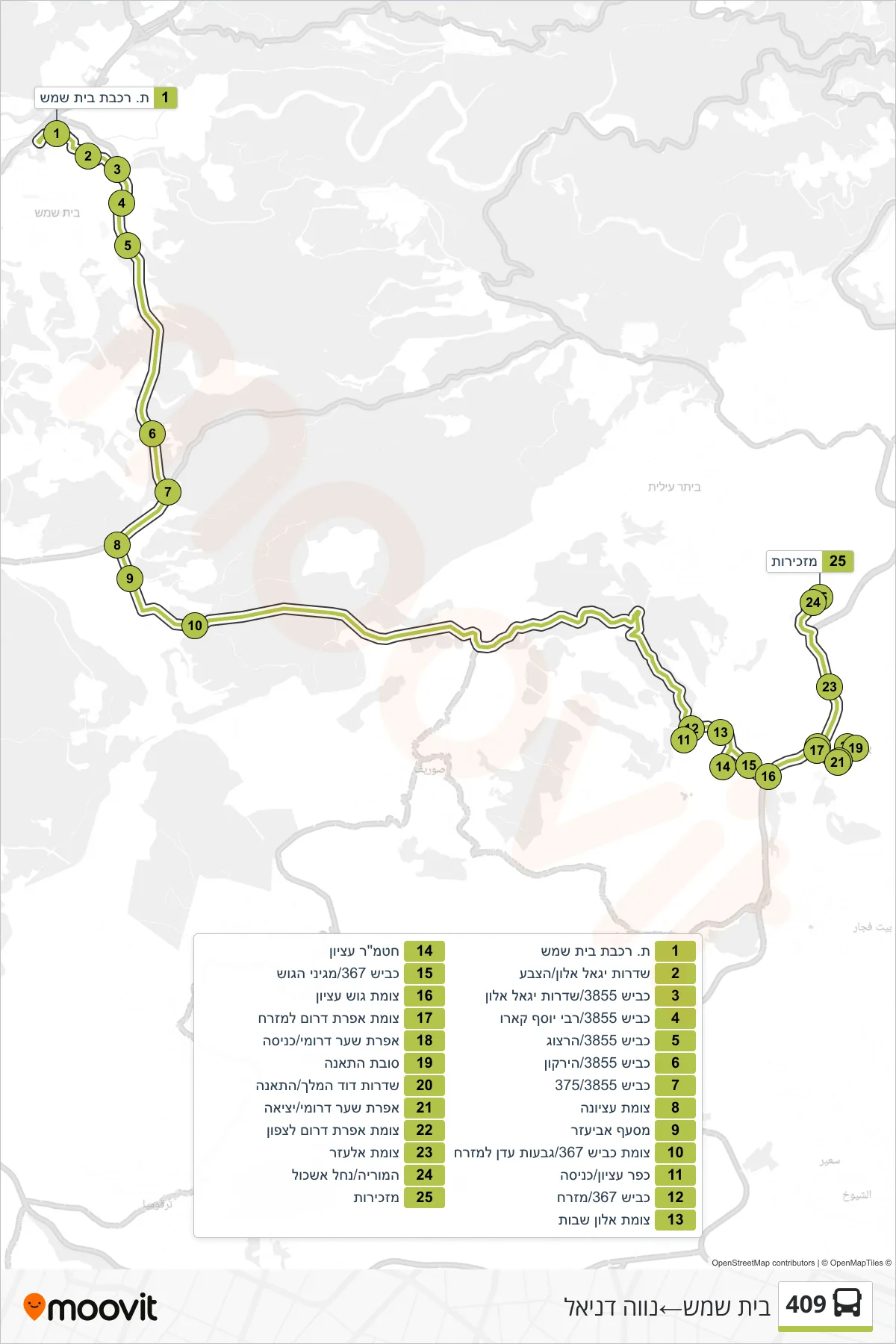 409  Line (Beit Shemesh‎→Neve Daniel) route and stops on a map