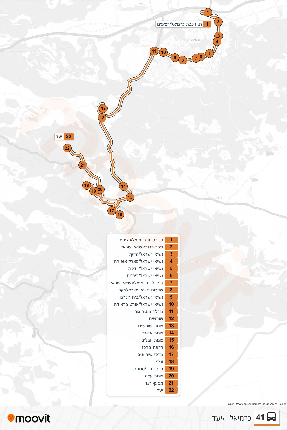 41 bus Line (Carmiel‎→Ya'ad) route and stops on a map
