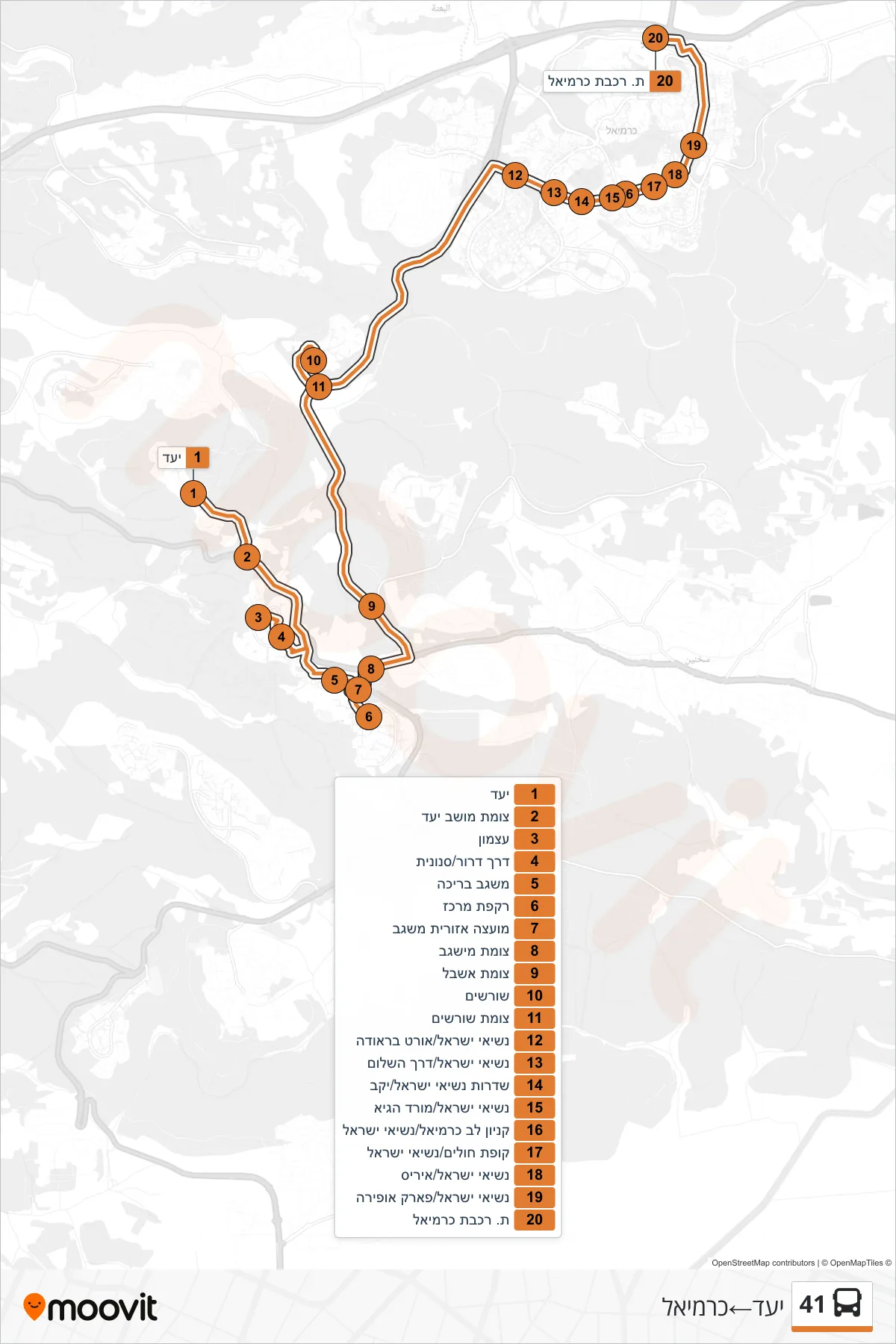 41  Line (Ya'ad‎→Carmiel) route and stops on a map