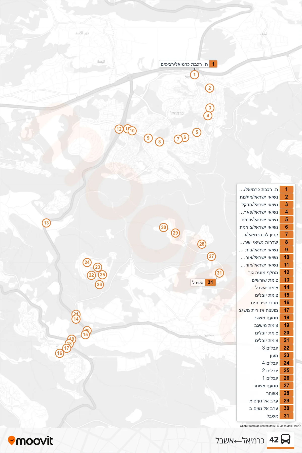 42 bus Line (Carmiel‎→Eshbal) route and stops on a map