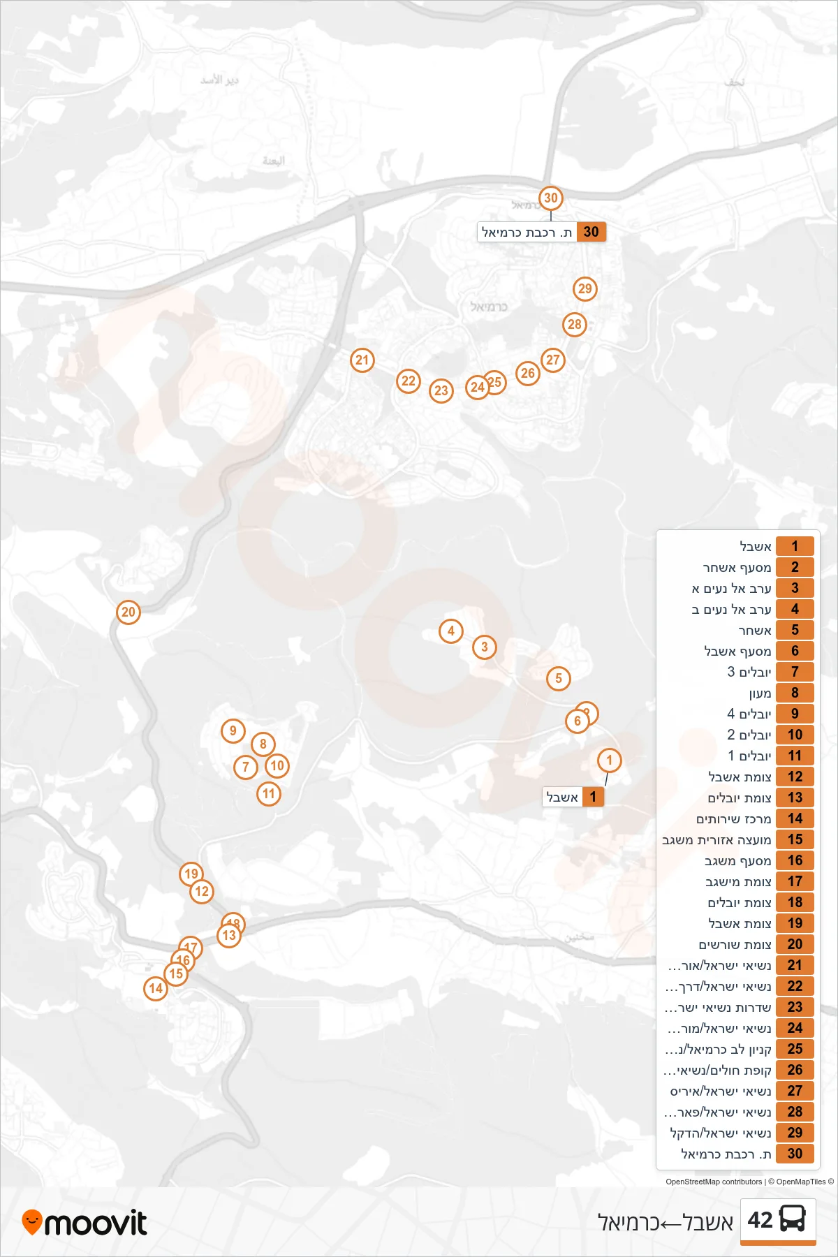 42 bus Line (Eshbal‎→Carmiel) route and stops on a map