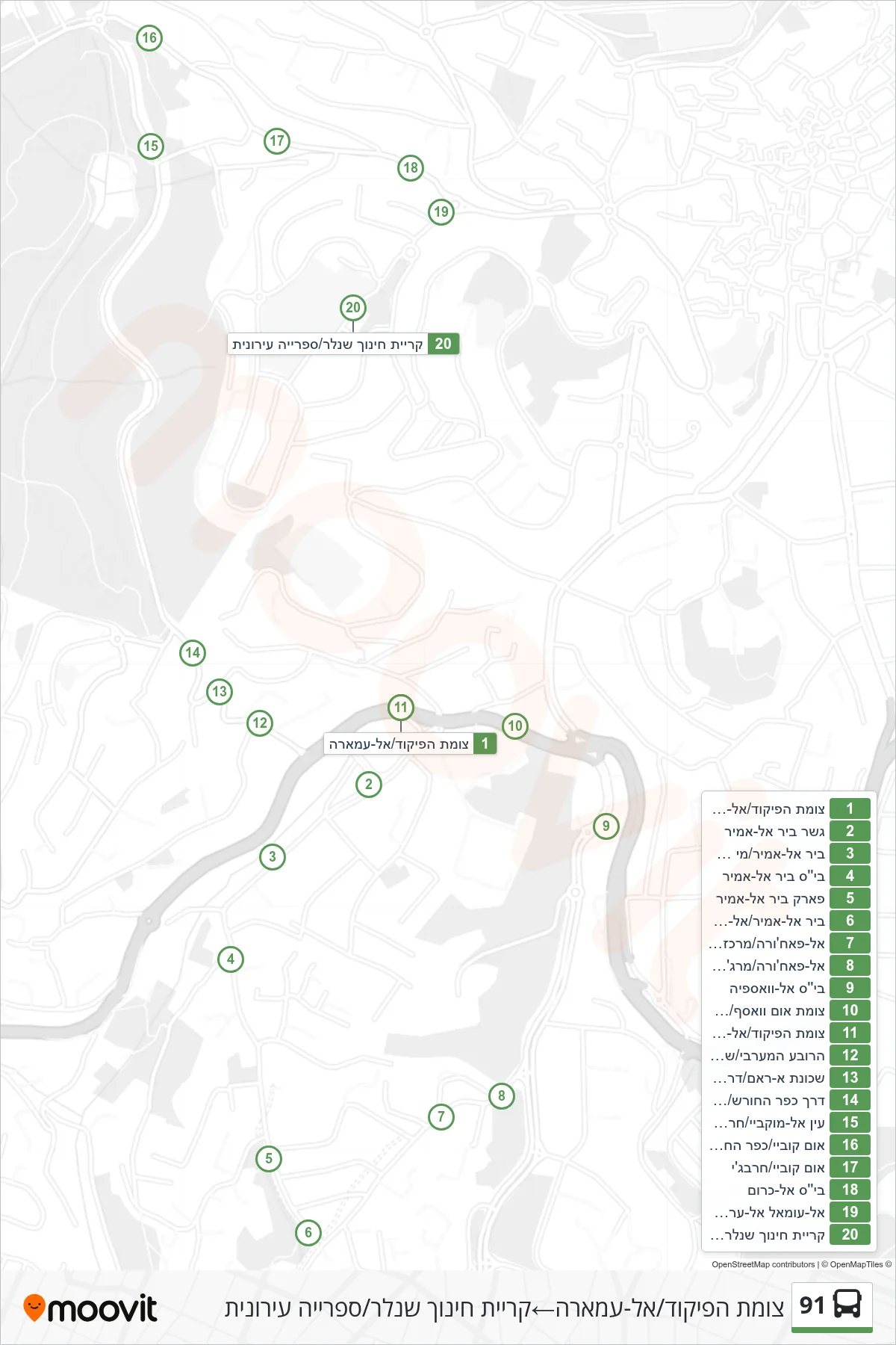 91 bus Line (Command Junction/Al-Amara‎→Shneller Education Campus/Public Library) route and stops on a map