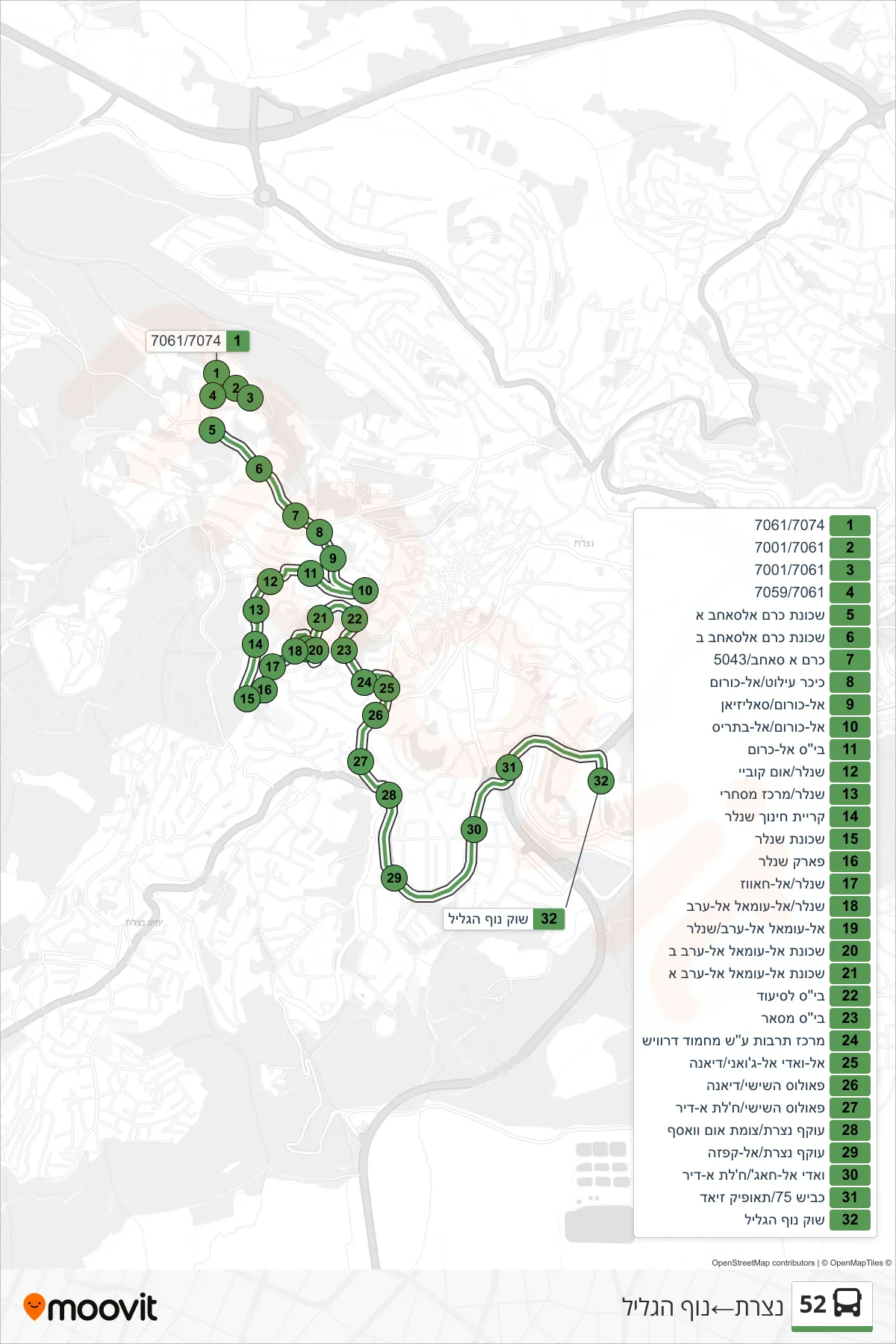 52 bus Line (Nazareth‎→Nof HaGalil) route and stops on a map