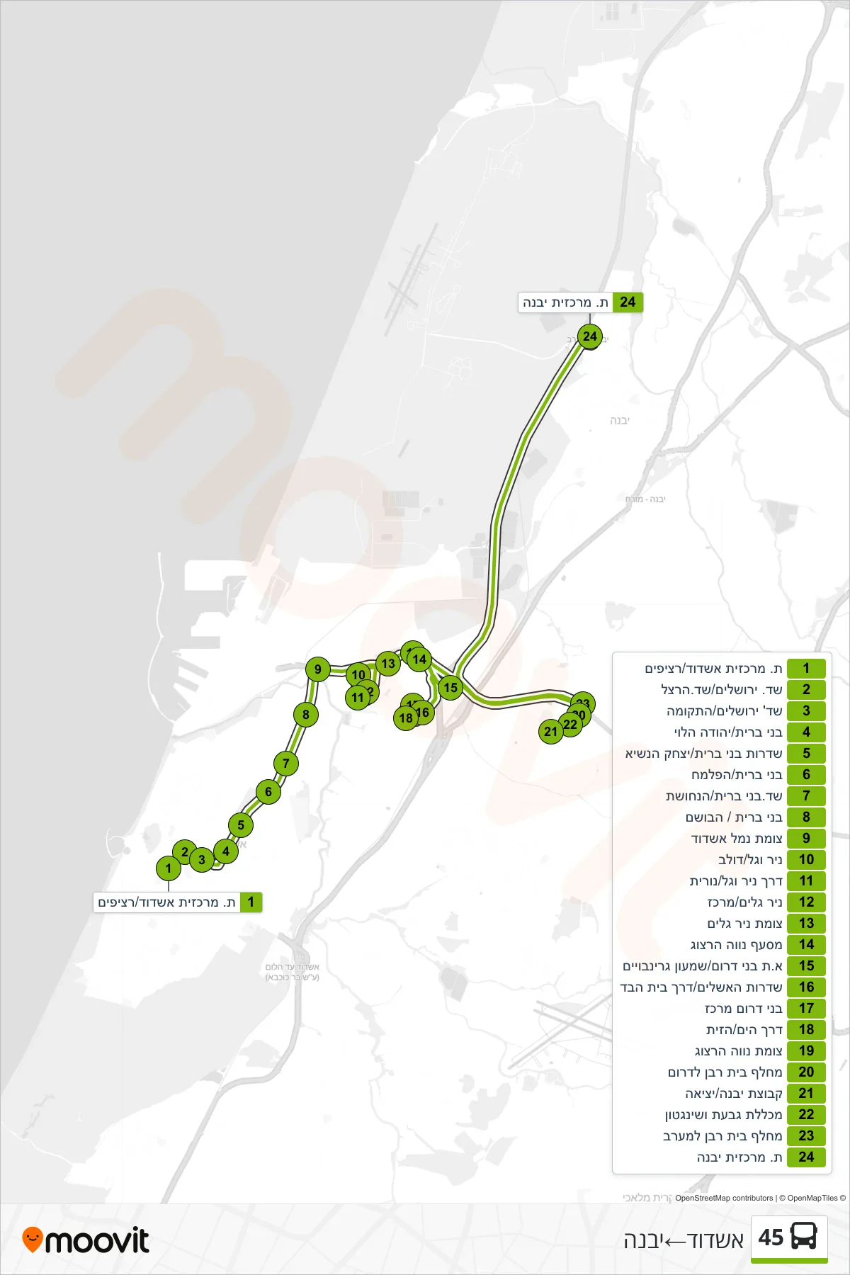 45 bus Line (Ashdod‎→Yavne) route and stops on a map