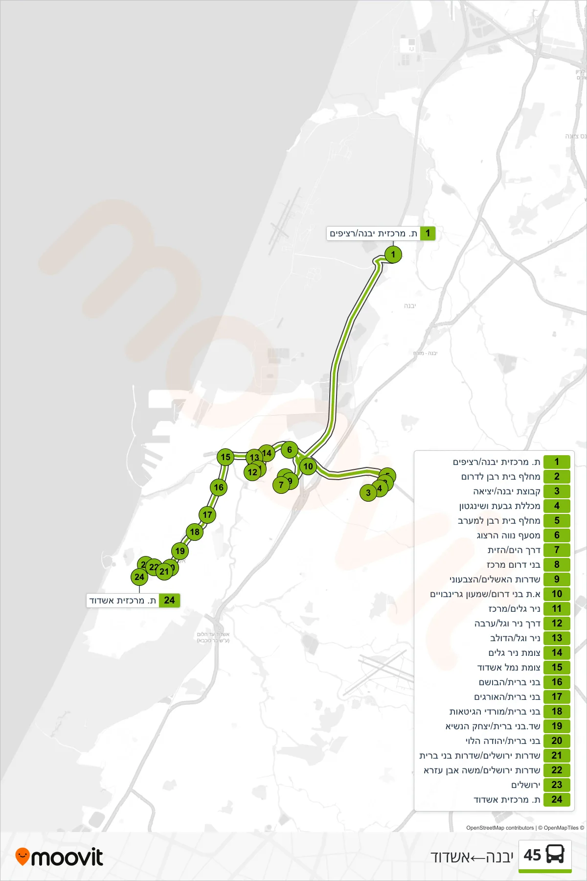 45 bus Line (Yavne→Ashdod) route and stops on a map